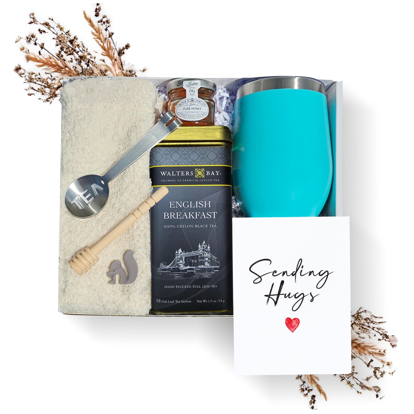Mothers Day Gifts for Mom Tea Gift Set for Women - Get Well Basket with Cozy Socks, 18 Full Leaf Sachets, Honey, Tumbler & Sendi