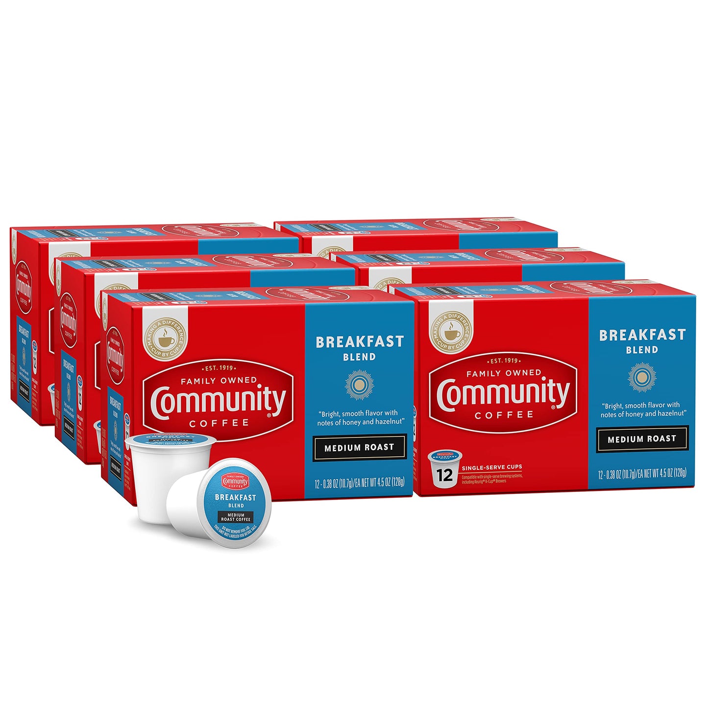 Community Coffee Breakfast Blend Coffee Pods, Medium Roast, 72 Count, Compatible with Keurig 2.0, 12 Count (Pack of 6)