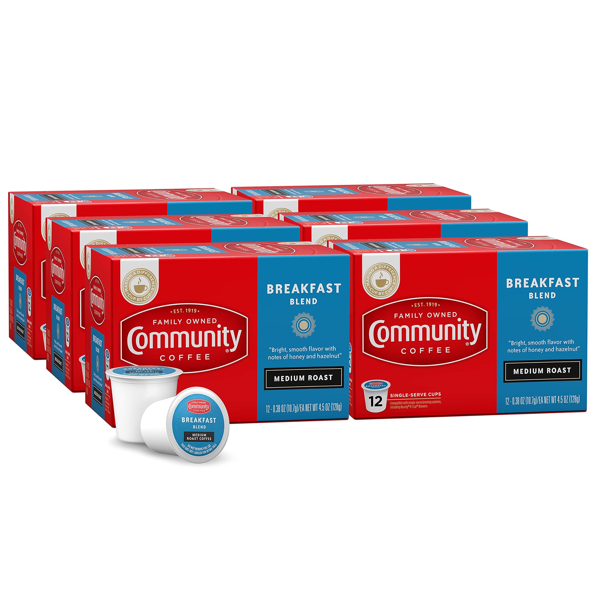 Community Coffee Breakfast Blend Coffee Pods, Medium Roast, 72 Count, Compatible with Keurig 2.0, 12 Count (Pack of 6)