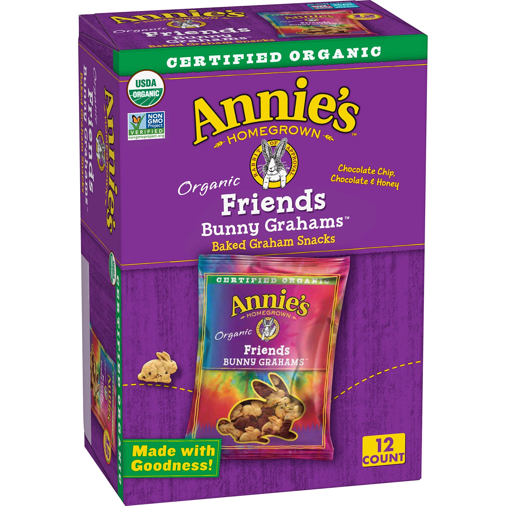 Annie'S Organic Friends Bunny Graham Snacks, Chocolate Chip, Chocolate & Honey, 12 Packets