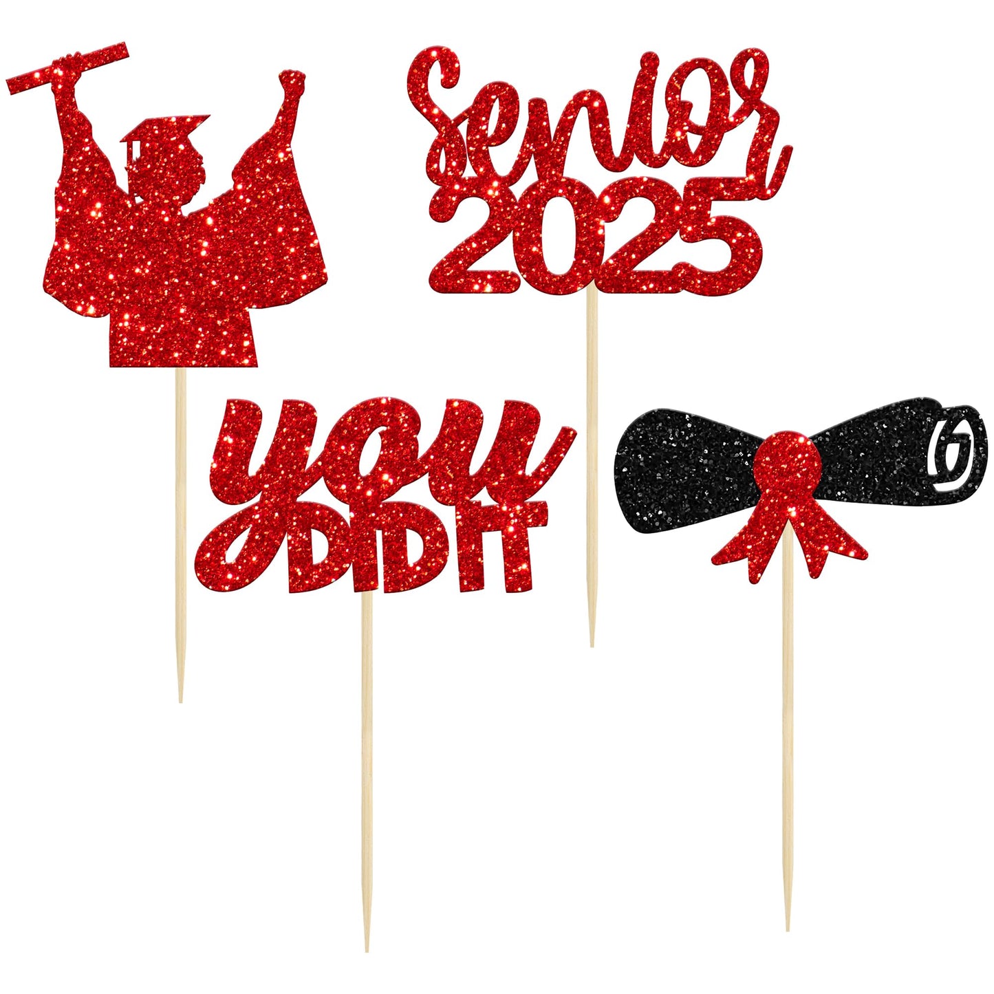 Gyufise 24Pcs Red Glitter Senior Of 2025 Graduation Cupcake Toppers You Did It Congrats Grad 2025 Diploma Cap Cupcake Picks Clas