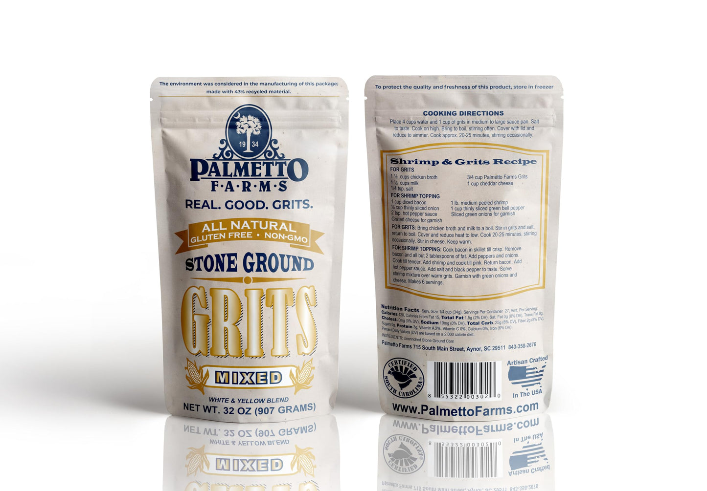 Palmetto Farms Mixed Yellow and White Stone Ground Grits, Non-GMO, Gluten Free, 2 LB