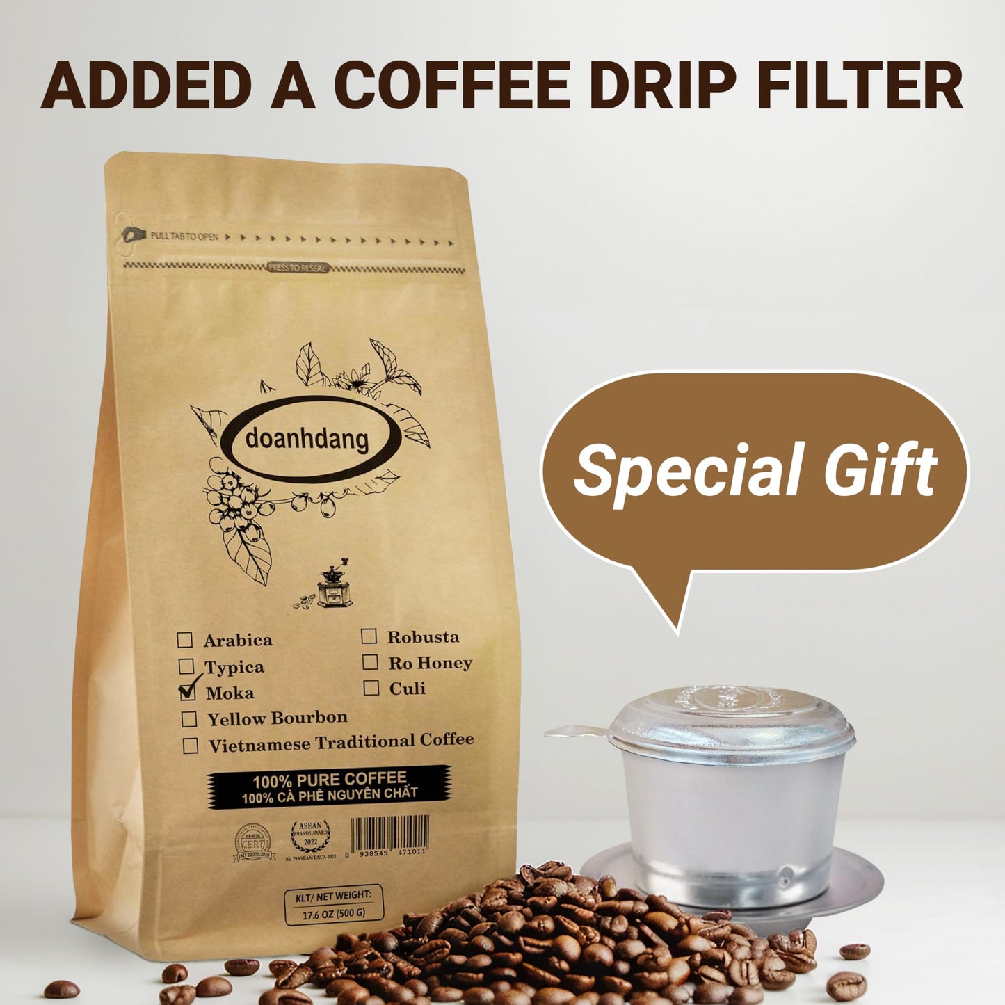 Doanhdang - 17.6 Oz Enhanced Moka Whole Bean Coffee, 100% Medium Roast, Rich Flavor For Espresso Shot And Brew, Origin From Vietnam, Whole Med Roast Beans