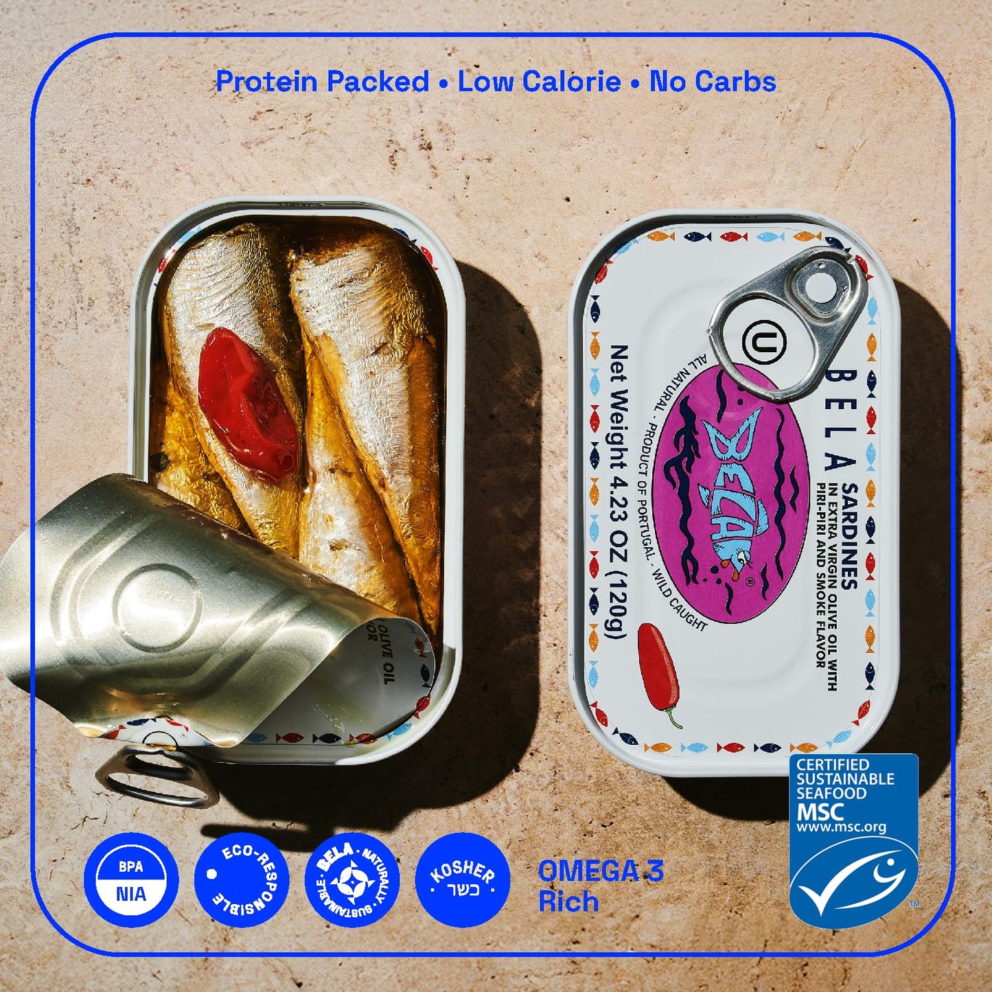 BELA Wild Caught Sardines in Piri Piri Olive Oil, 4.25 Oz (Pack of 12), All Natural, High Protein, Omega 3 Rich