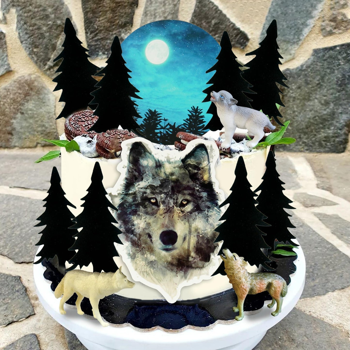 13 Pcs Wolf Cake Topper Full Moon Cake Decor With Animal Figurine For Baby Shower Wolf Themed Wedding Birthday Party Supplies (G