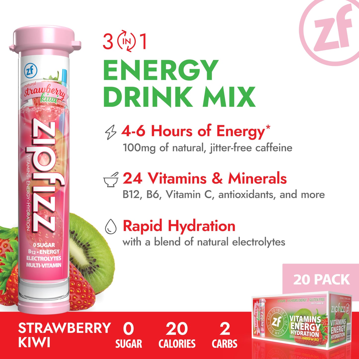 Zipfizz Daily Energy Drink Powder  Strawberry Kiwi  20 Pack | 3-in-1 Sustained Energy  Rapid Hydration  and Essential Vitamins | Sugar-Free | Electrolyte Powder | Contains Vitamin B-12 & Antioxidants