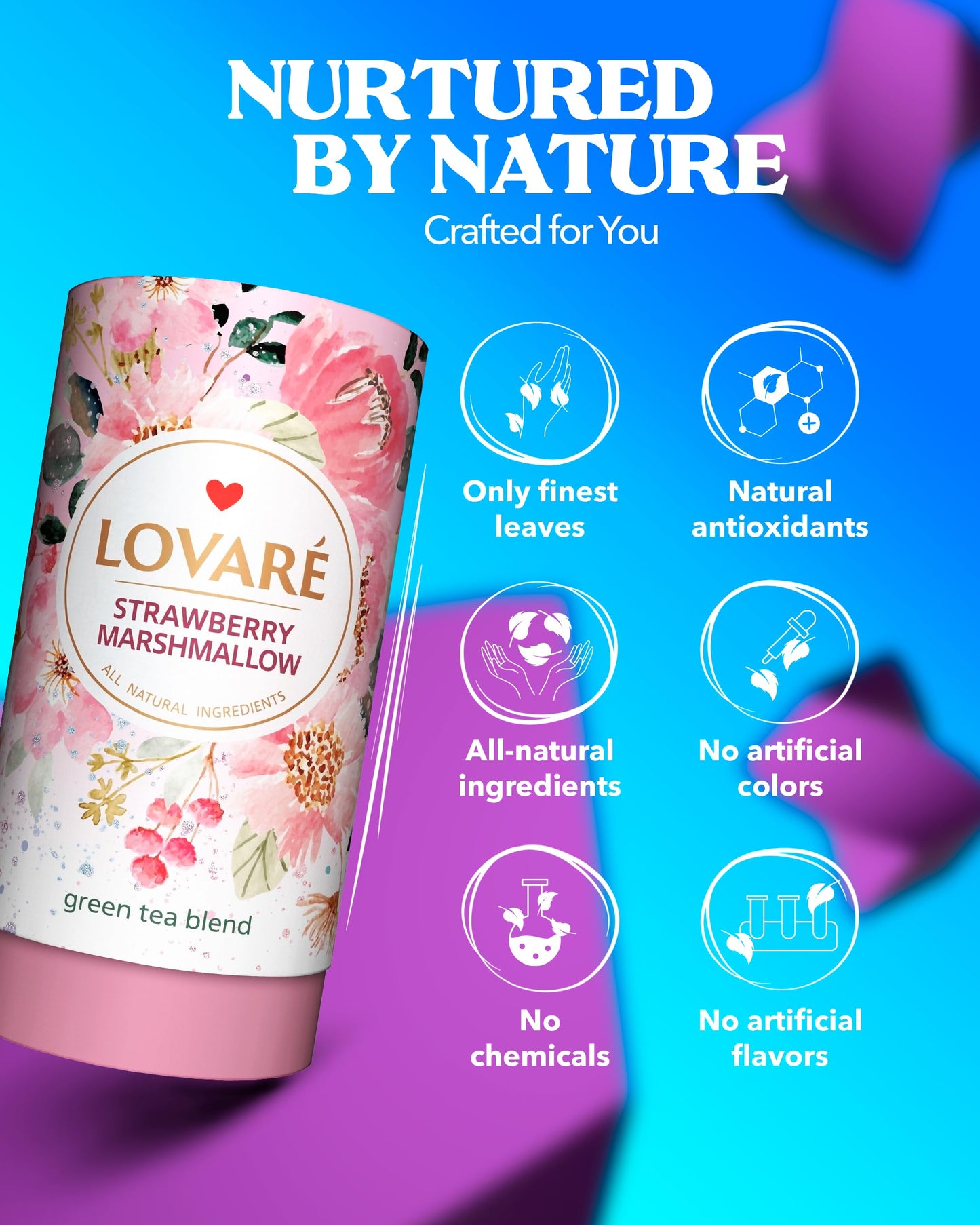 LOVARE Strawberry Marshmallow Loose Leaf Tea 80 g - Made in Ukraine - Green Tea, Strawberry, Cornflower Petals - Gift Box with 1