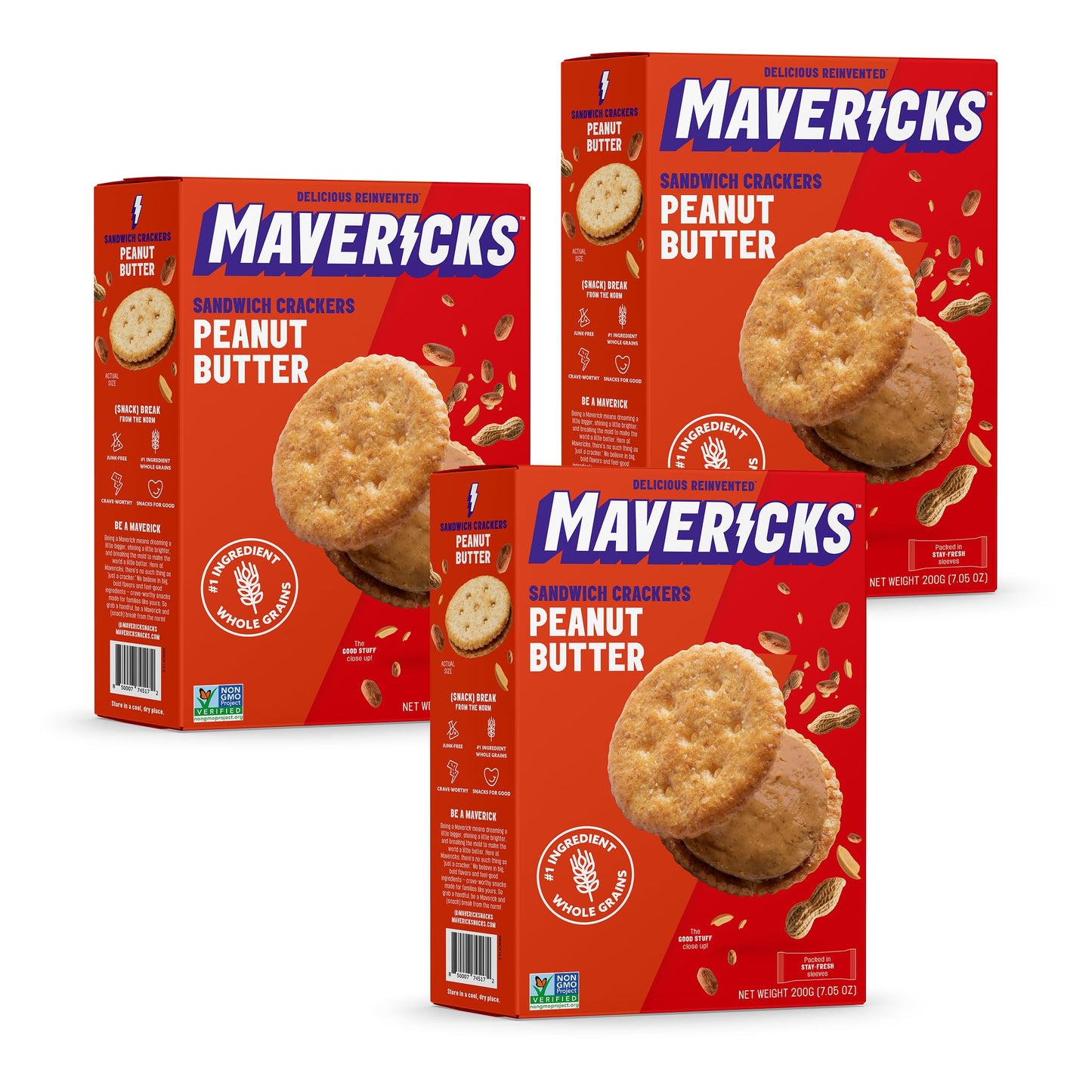 Mavericks Sandwich Crackers Peanut Butter - Plant-Based Peanut Butter Sandwich Snack Crackers, Whole Grain, Non-GMO - 7 oz Boxes