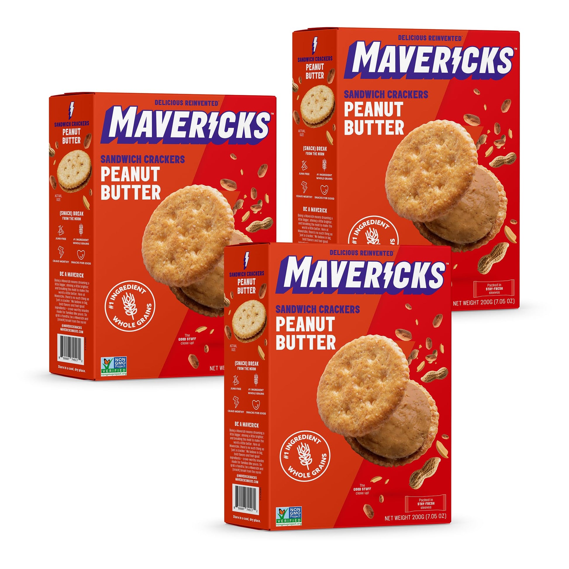 Mavericks Sandwich Crackers Peanut Butter - Plant-Based Peanut Butter Sandwich Snack Crackers, Whole Grain, Non-GMO - 7 oz Boxes