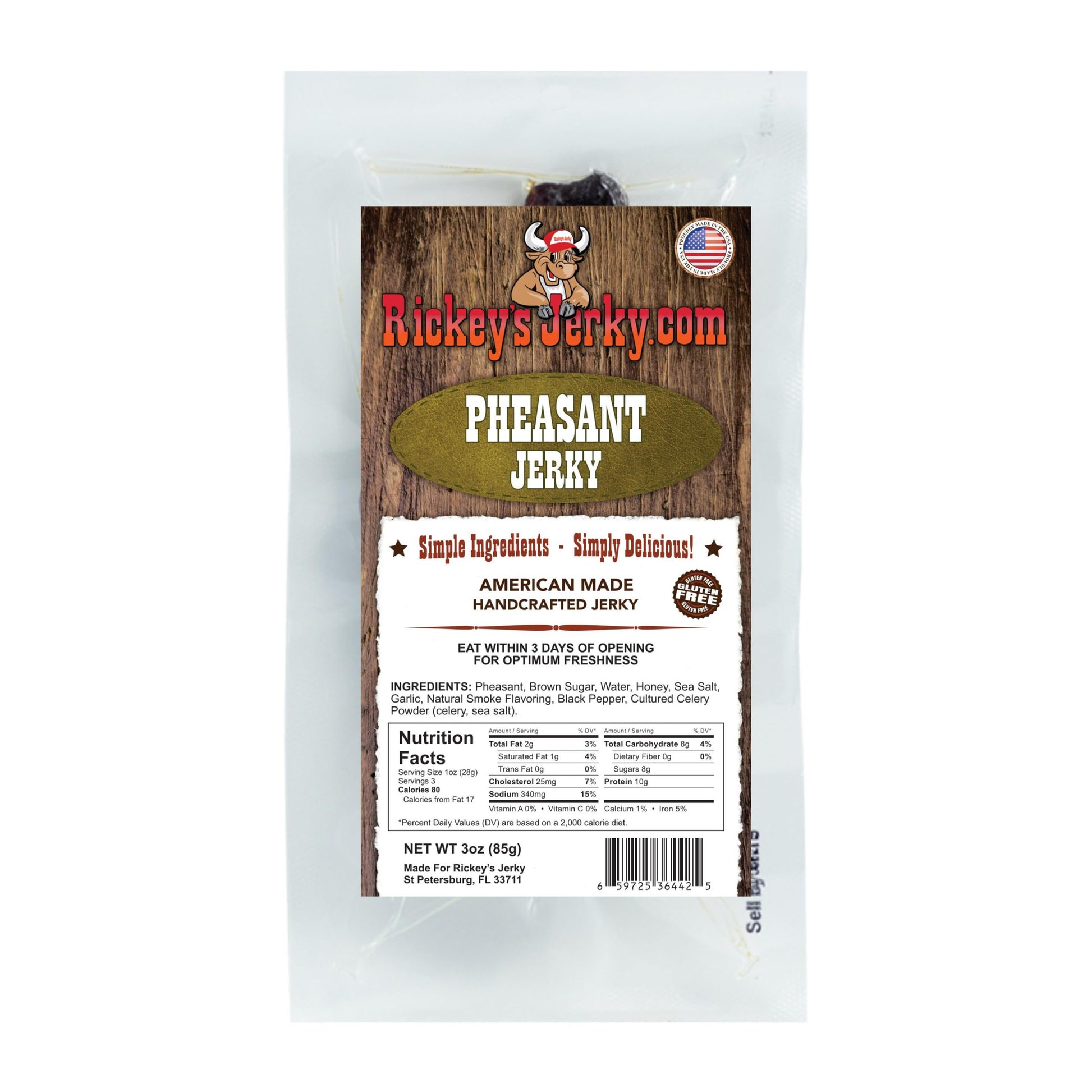 Rickeys Jerky Pheasant Jerky, High Protein, All Natural, Keto Friendly, Gluten Free, 3 Ounce