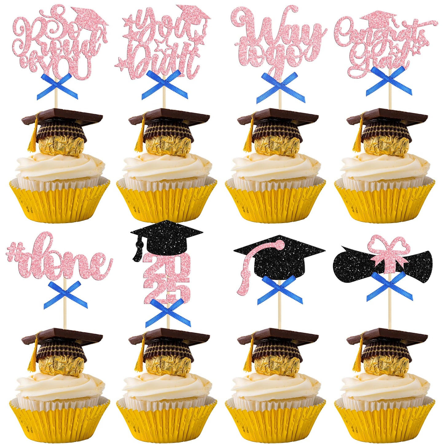 Gyufise 32Pcs Graduation Cupcake Toppers 2025 Glitter Class of 2025 Cupcake Toppers Supplies Congrats Grad Cap Diploma 2025 Cupc