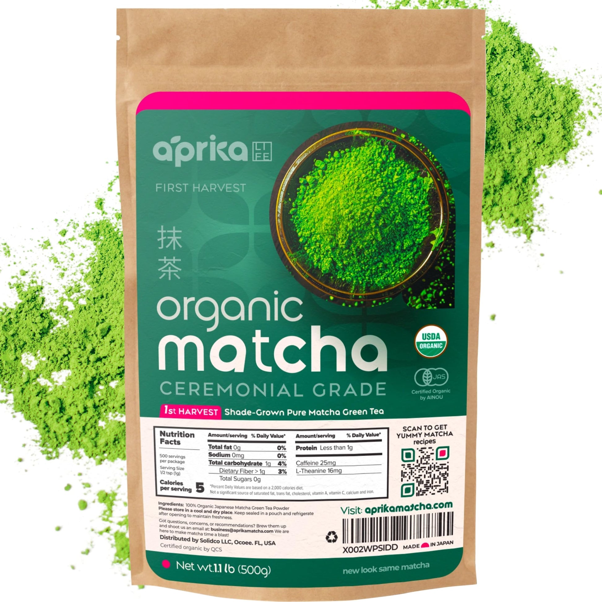 AprikaLife Premium Matcha Green Tea Powder - Organic Ceremonial Grade - 1.1 lbs - Japanese Origin