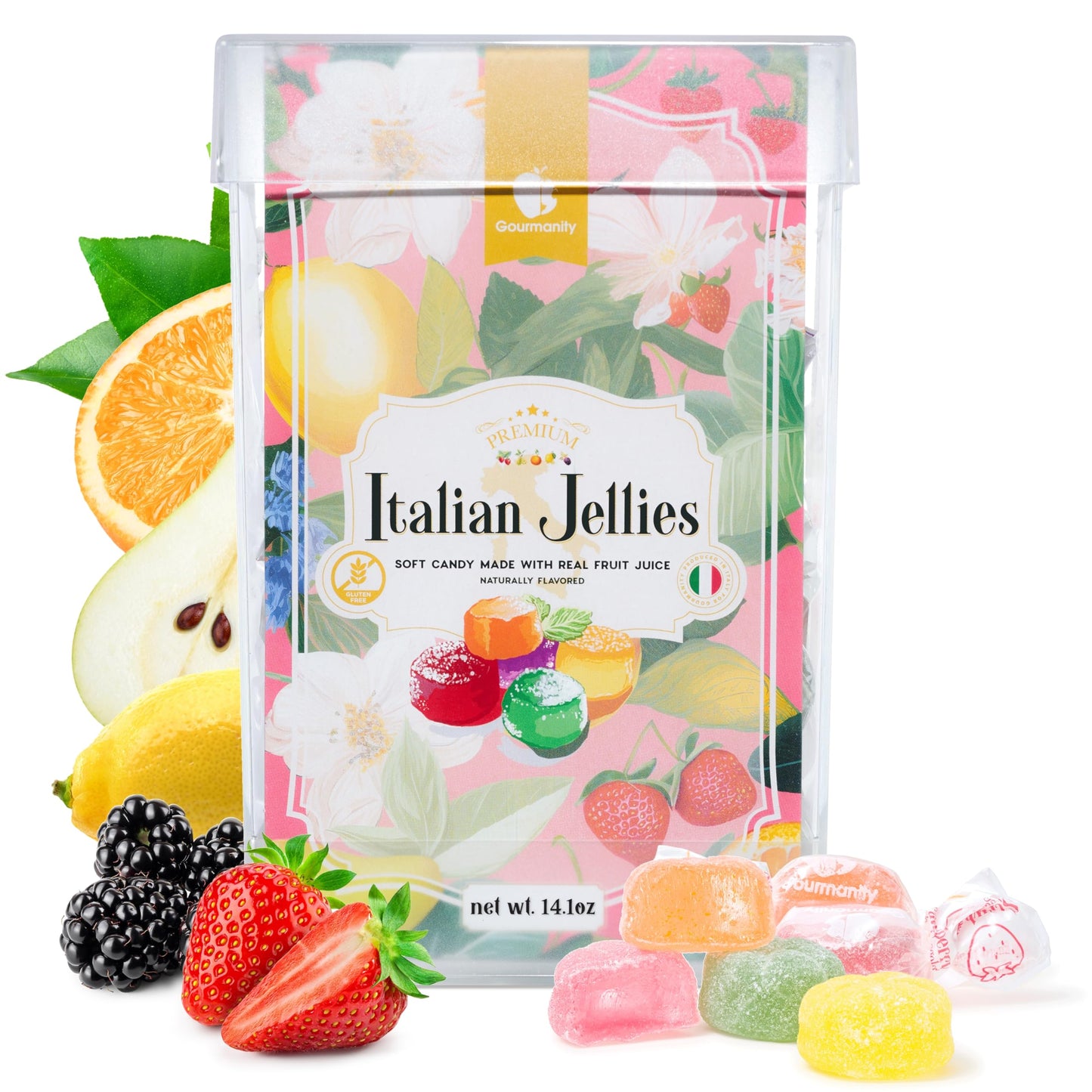 Gourmanity Italian Jelly Fruit Candy, Made with 18% Real Fruit Juice & Pulp, Individually Wrapped Gourmet Candy, 14.1oz Box