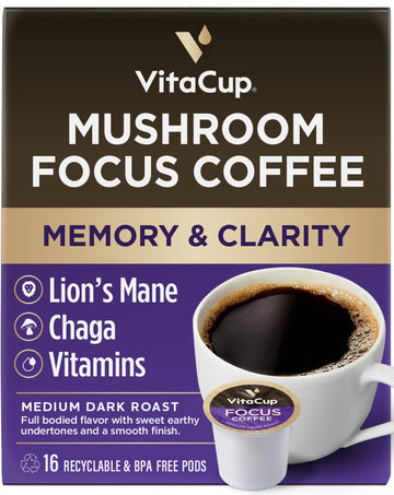 Vitacup Mushroom Coffee Pods - Boost Focus & Immunity With Lions Mane, Chaga, Vitamins, For Memory & Clarity, Recyclable K-Cup P