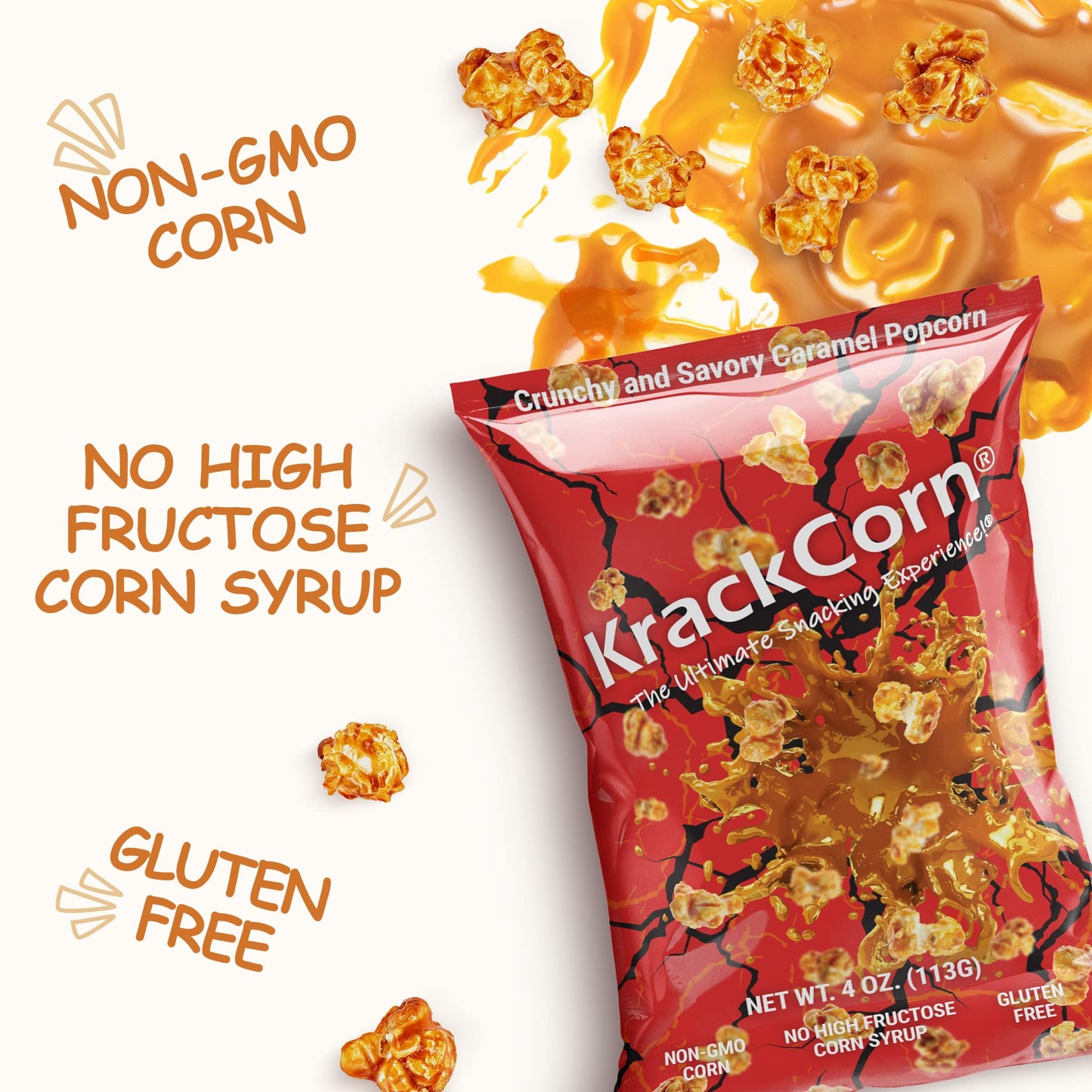 KrackCorn Caramel Popcorn - Gluten-Free, Non-GMO Snack - 4 Ounce (Pack of 6) - Sweet and Salty Treat for Parties and Movie Nights