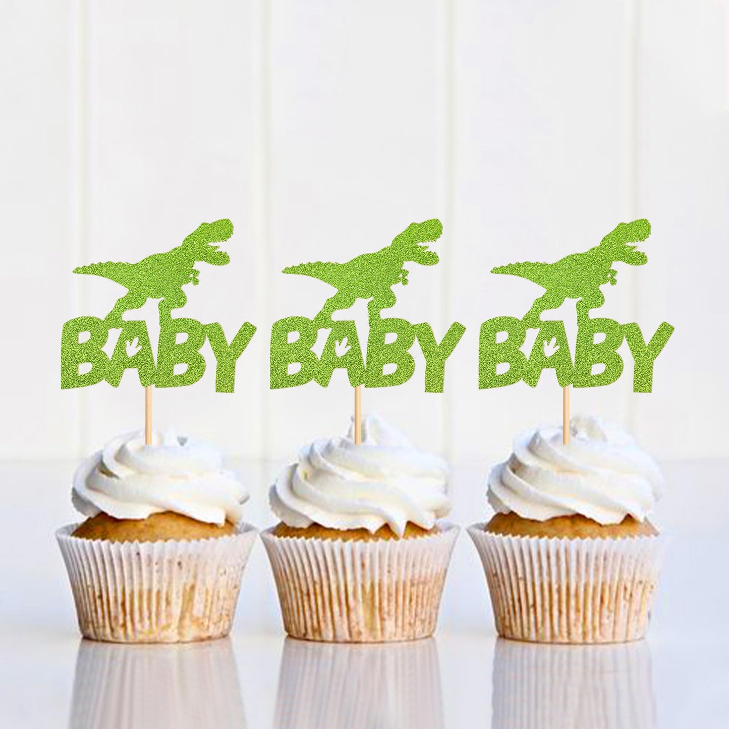 Ercadio 24 Pack Dinosaur Baby Cupcake Toppers Green Glitter Dinosaur Baby Cupcake Picks Little Dino Baby Cupcake Picks For Dinos