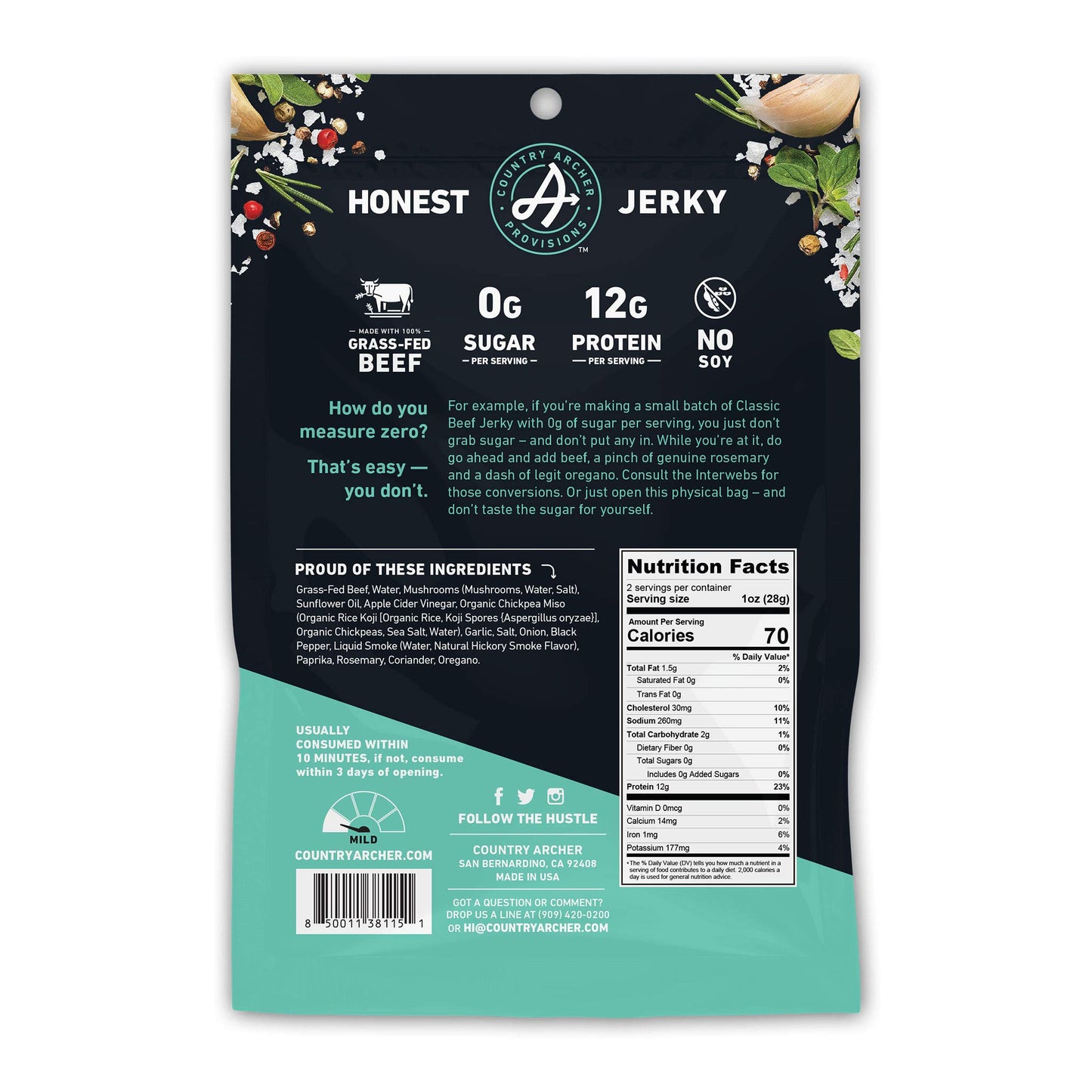 Country Archer Beef Jerky - Zero Sugar, Gluten Free, Paleo, Classic Flavor, 2 oz (Pack of 6)