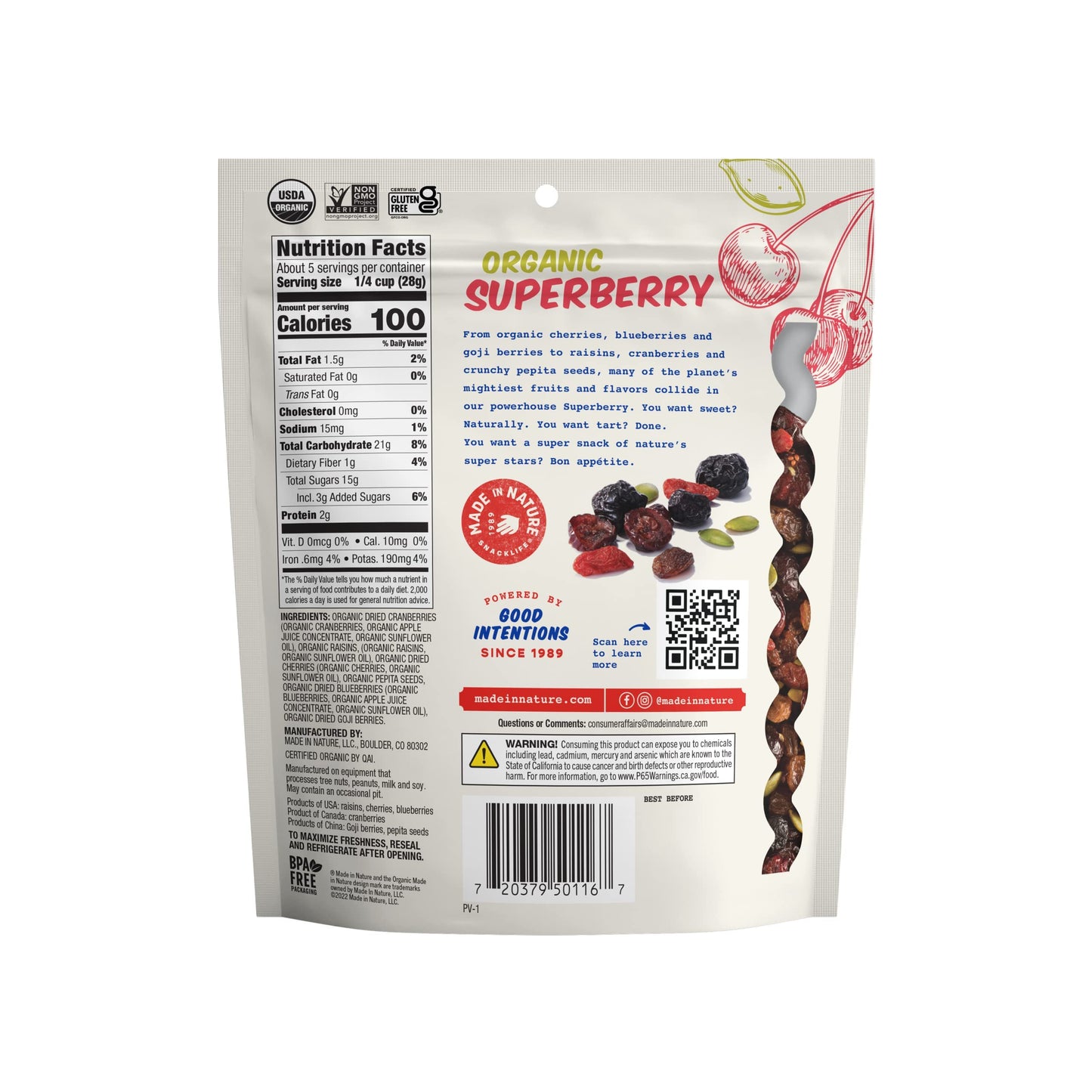Made In Nature Organic Superberry Fruit Fusion, 5 Ounce (Pack of 6) - Fruit and Nut Trail Mix, Non-GMO, Unsulfured, Gluten Free