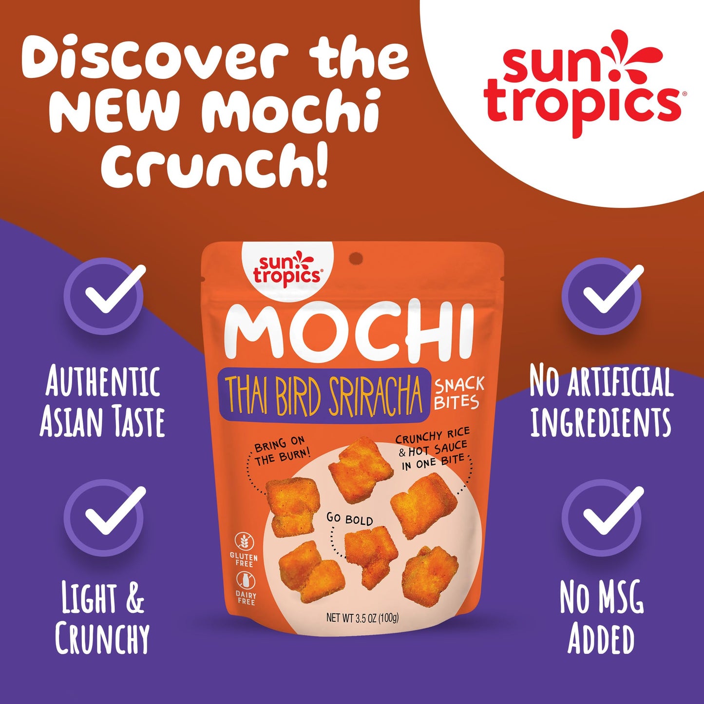 Sun Tropics Mochi Snack Bites, Thai Bird Sriracha Flavor- 3.5 oz (6 Pack)| Crispy Spicy Mochi Bites, Rice Nuggets | Mochi Puff R