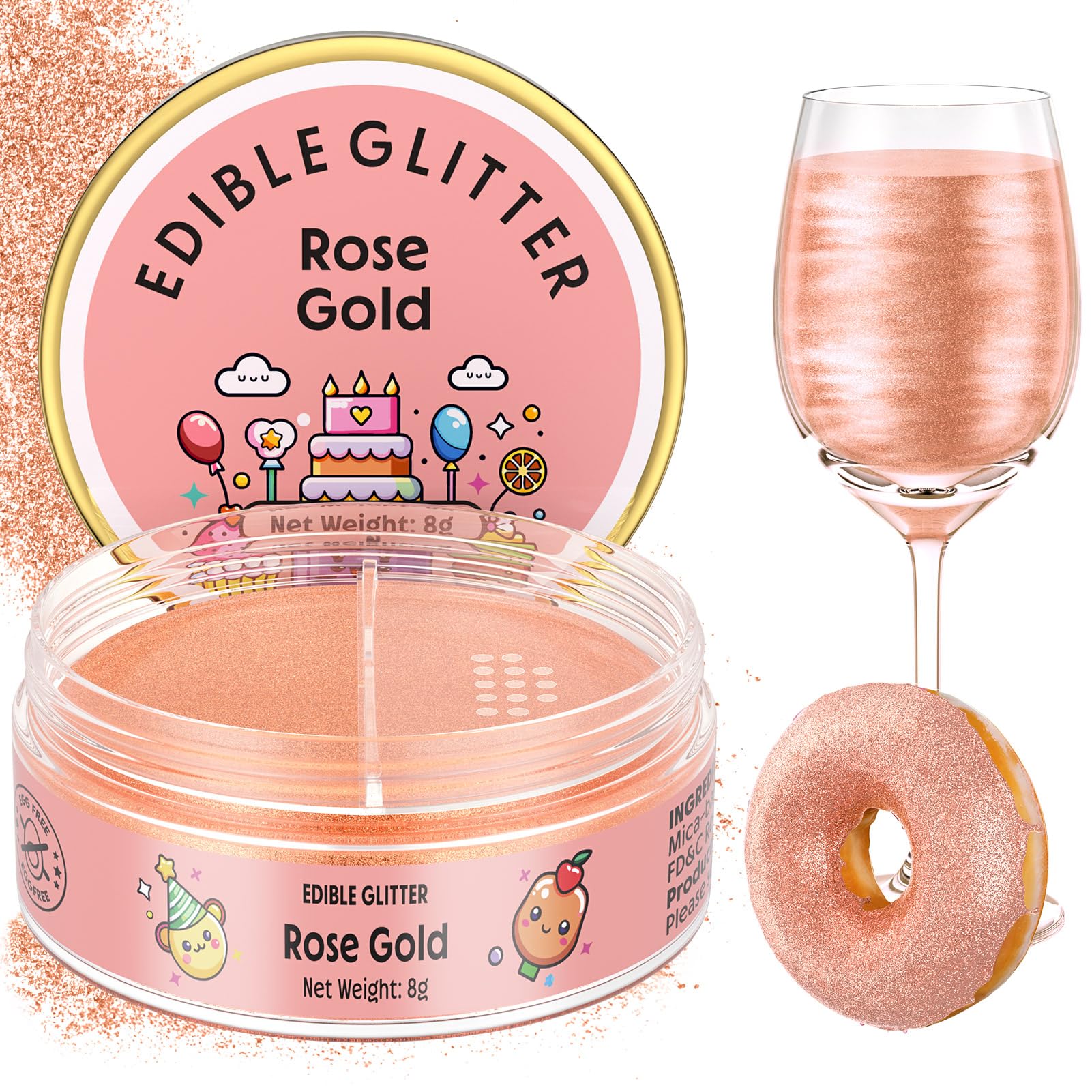 Nomeca Edible Glitter, Luster Dust Sprinkles for Cake Decorating, 8 grams, Small, 8-Rose Gold