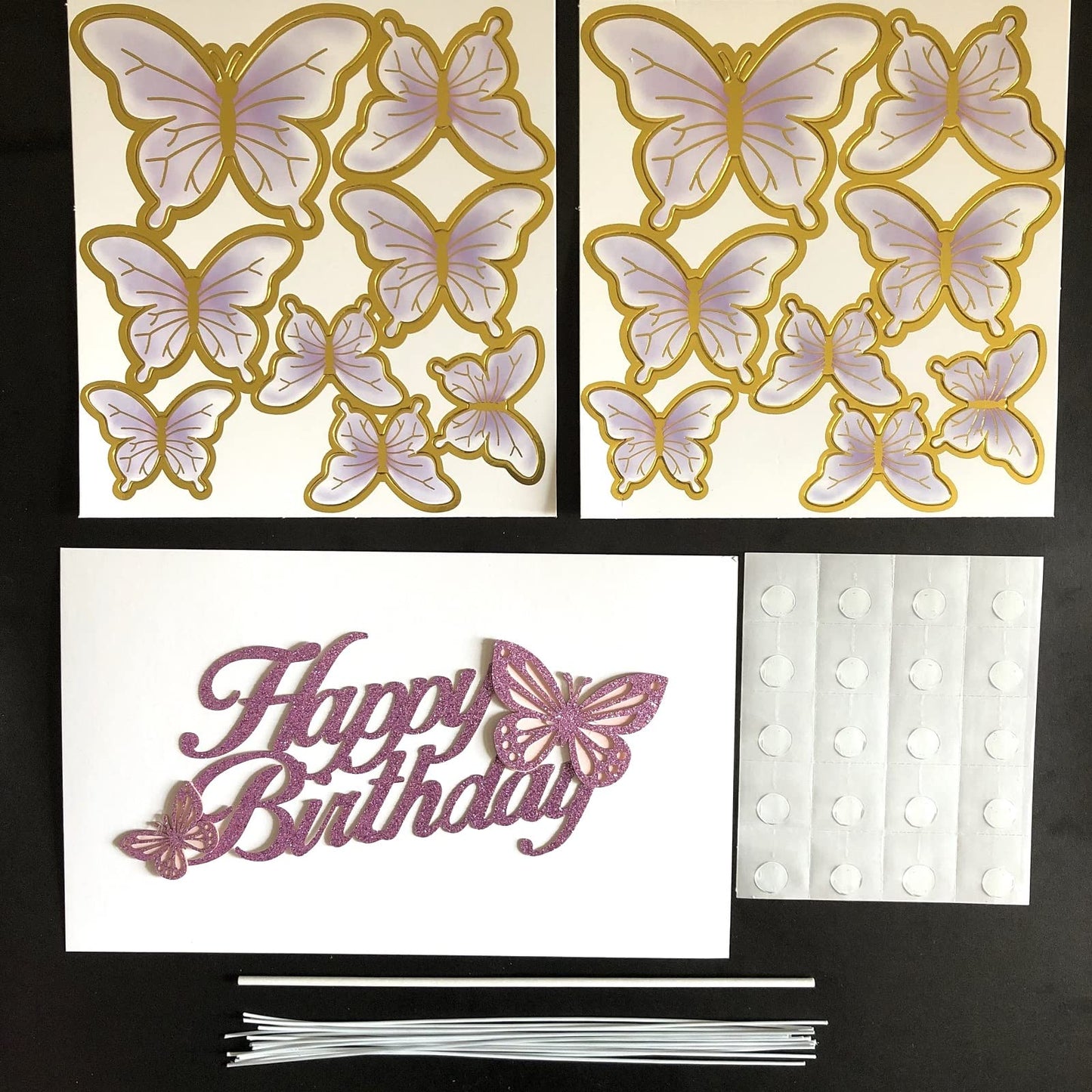 ALISSAR Glitter Purple Happy Birthday Cake Topper Set, Butterfly Cake Topper and 16 Pieces Butterfly Cupcake Toppers for Girls W