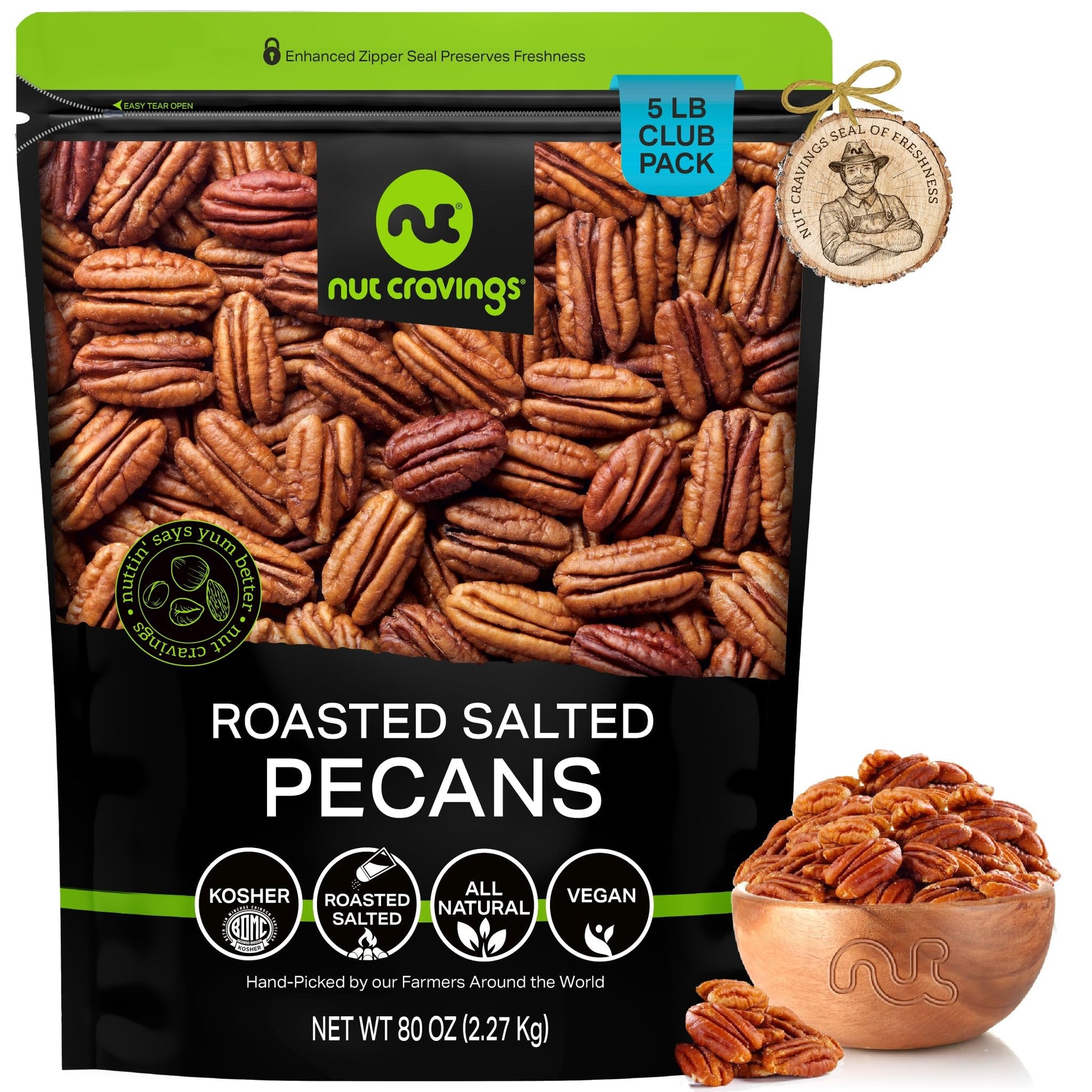 Nut Cravings - Pecans Halves, Roasted & Salted, No Shell (80Oz - 5 Lb) Bulk Nuts Packed Fresh In Resealable Bag - Healthy Protei