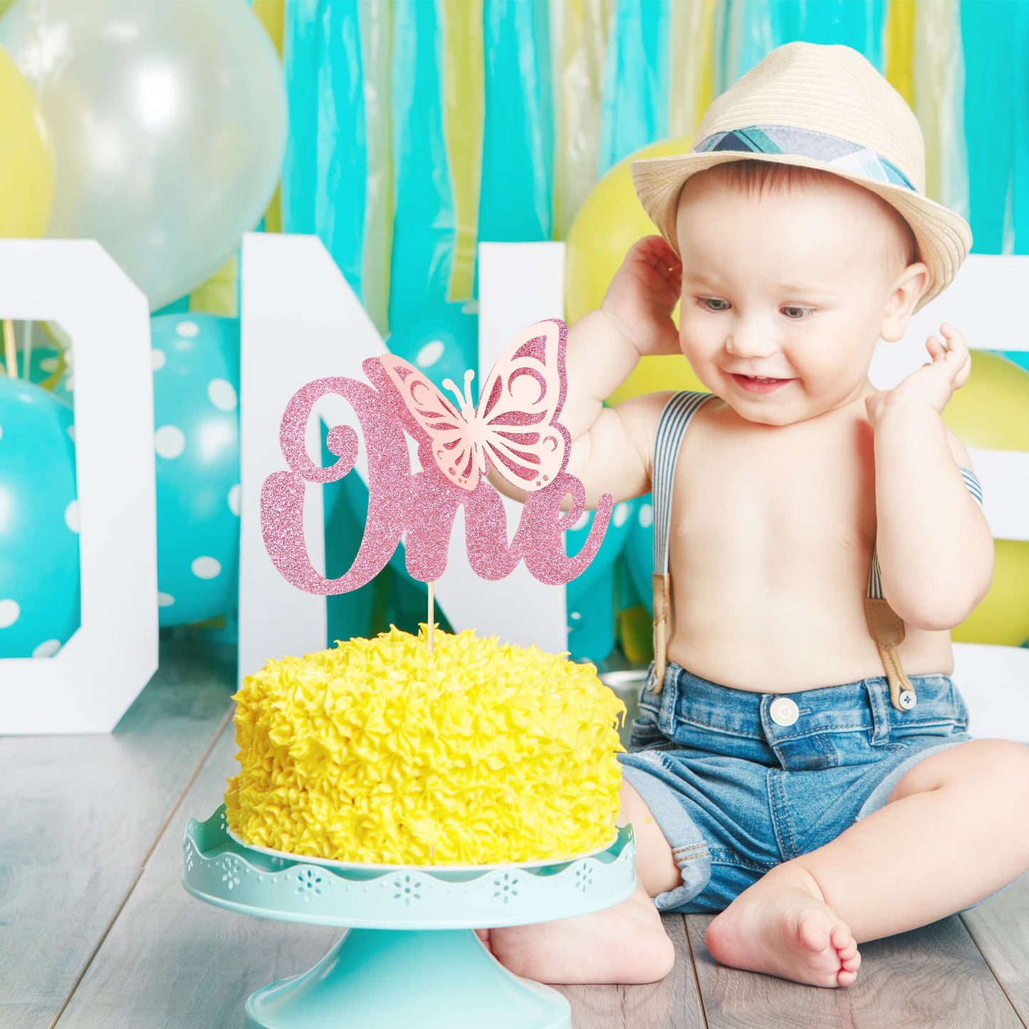 Gyufise 1Pcs Butterfly One Cake Topper Pink Glitter Baby Shower Butterfly 1St Birthday Cake Pick Decorations For Butterfly Theme
