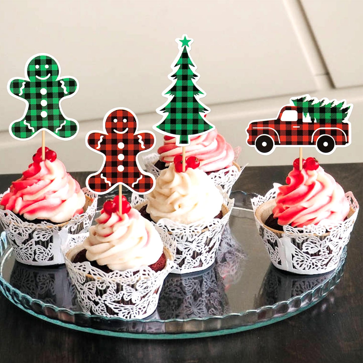 Ercadio 24 Pack Christmas Trees Cupcake Toppers, Paper, Merry Christmas Theme, Holiday Decorations, D-car Tree