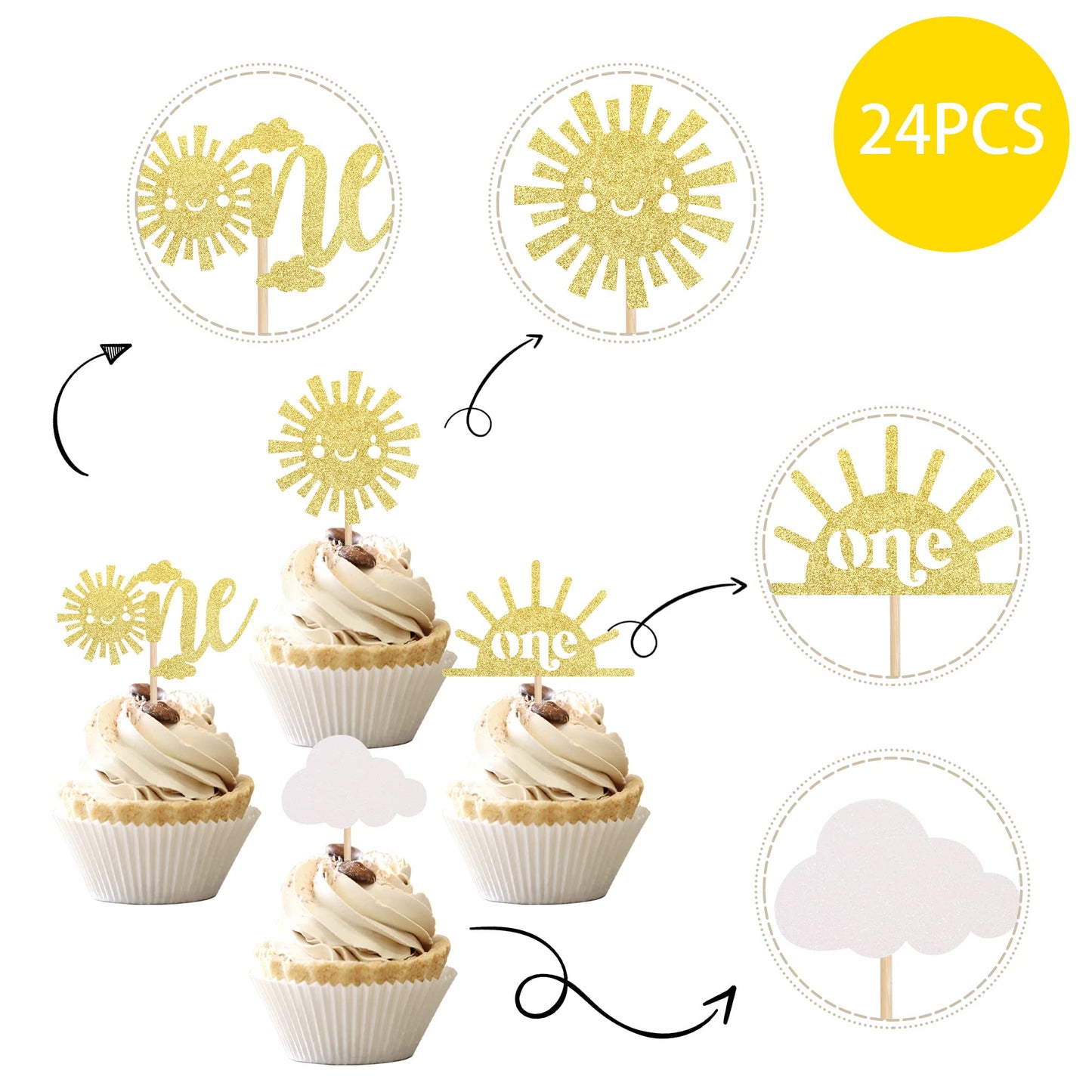 24 Pcs Sunshine One Cupcake Toppers Gold Glitter Sun Simle Face Cloud You Are My Sunshine First Birthday Cupcake Picks Baby Show