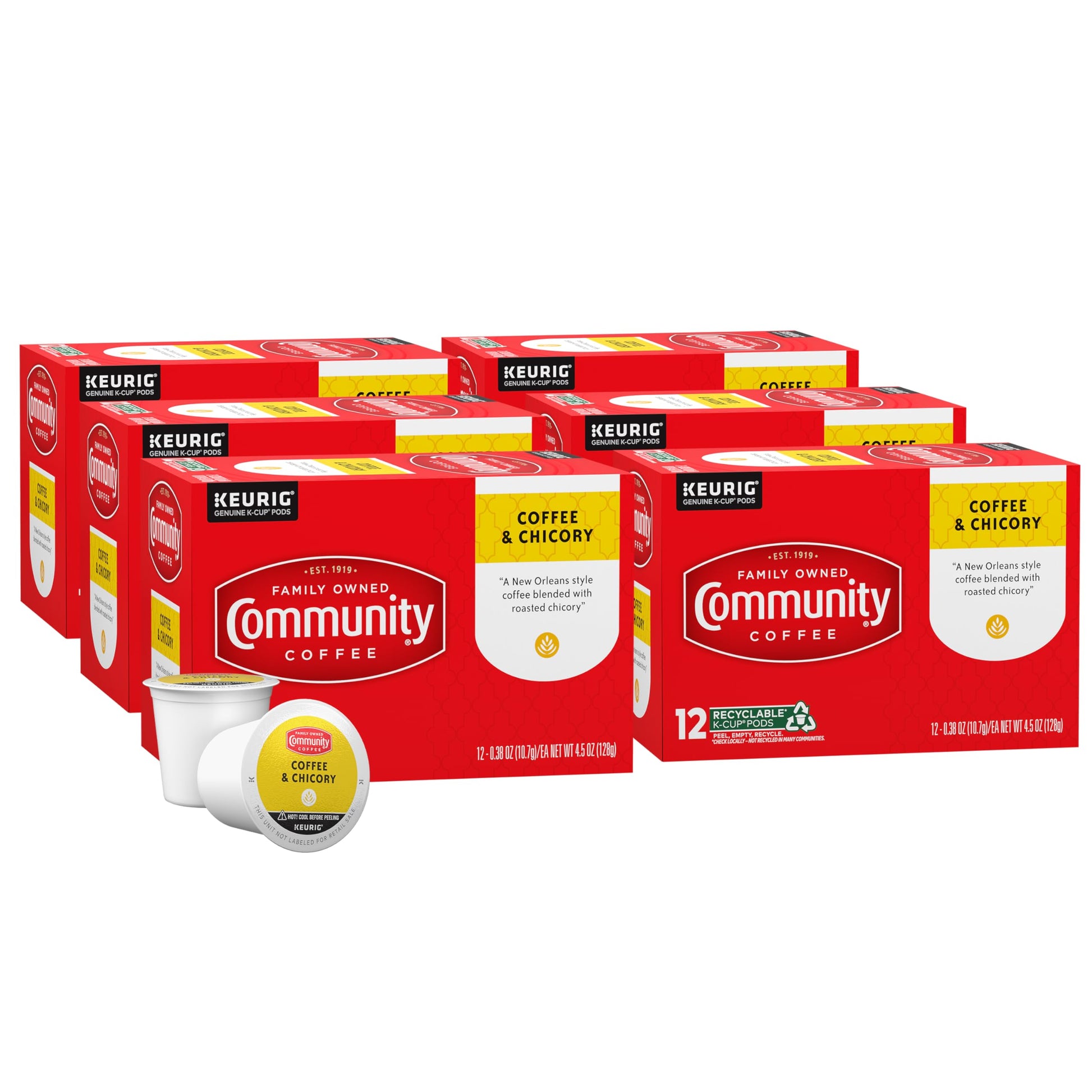 Community Coffee Dark Roast Coffee Pods, 72 Count, Compatible with Keurig 2.0, Coffee & Chicory, 12 Count (Pack of 6)
