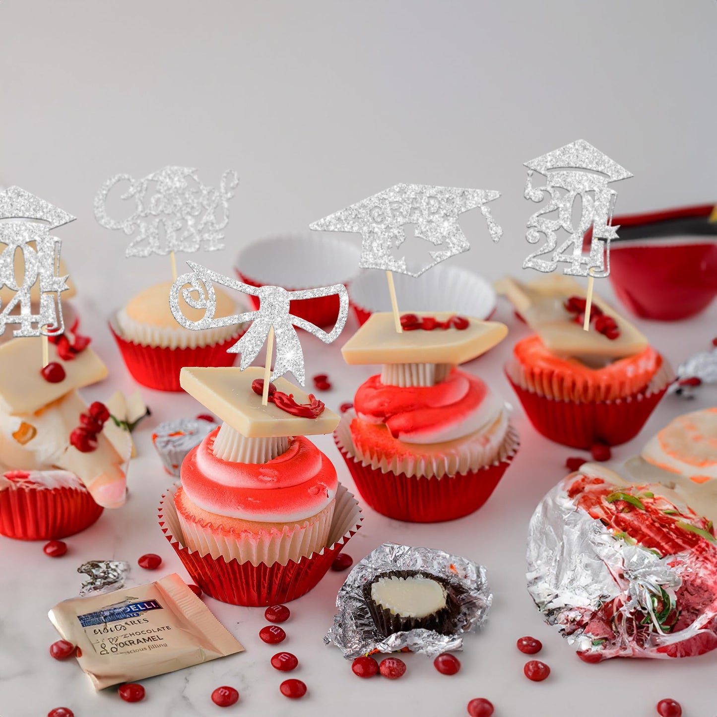 Gyufise 24Pcs Silver Glitter 2024 Graduation Cupcake Toppers Diploma Congrats Grad Cap Diploma Cupcake Picks For Graduation Part