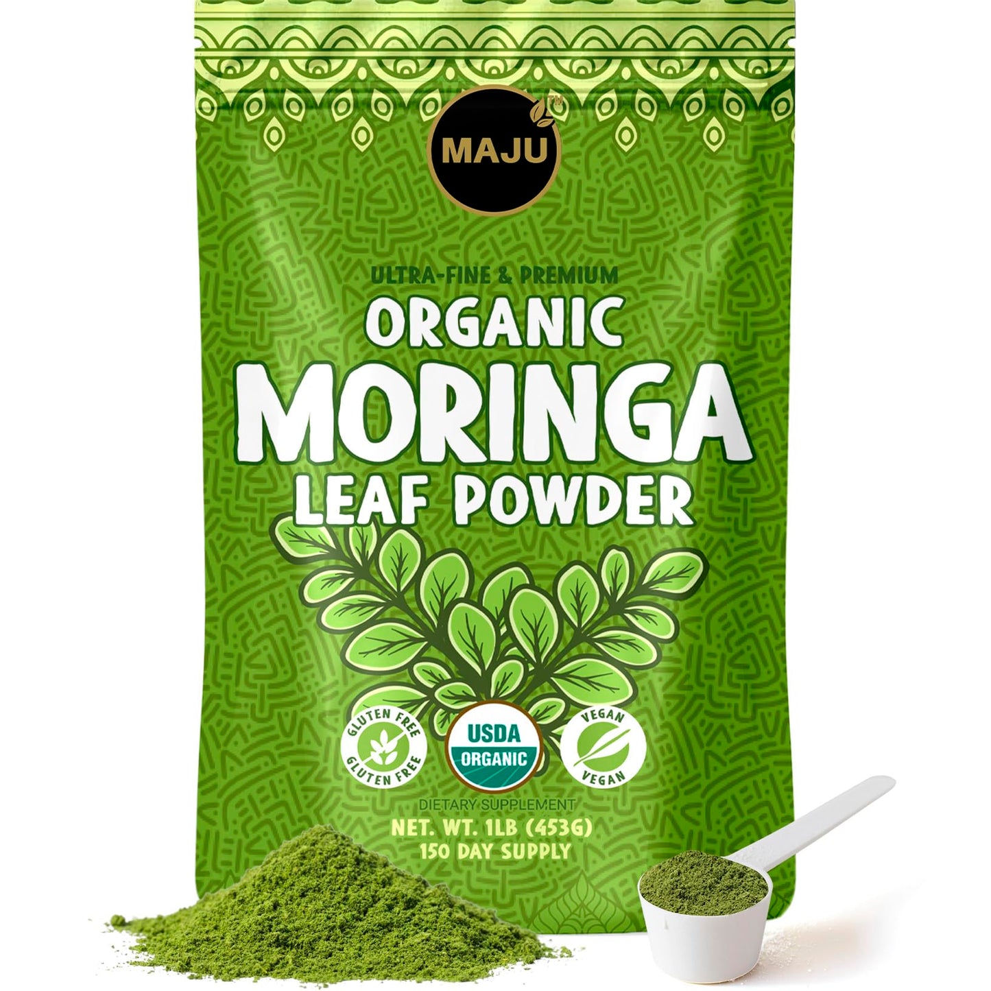 Majus Organic Moringa Powder (1 Pound), Oleifera Leaf, Extra-Fine Quality, Dried Drumstick Tree Leaves, For Tea, Smoothies, Food-Grade