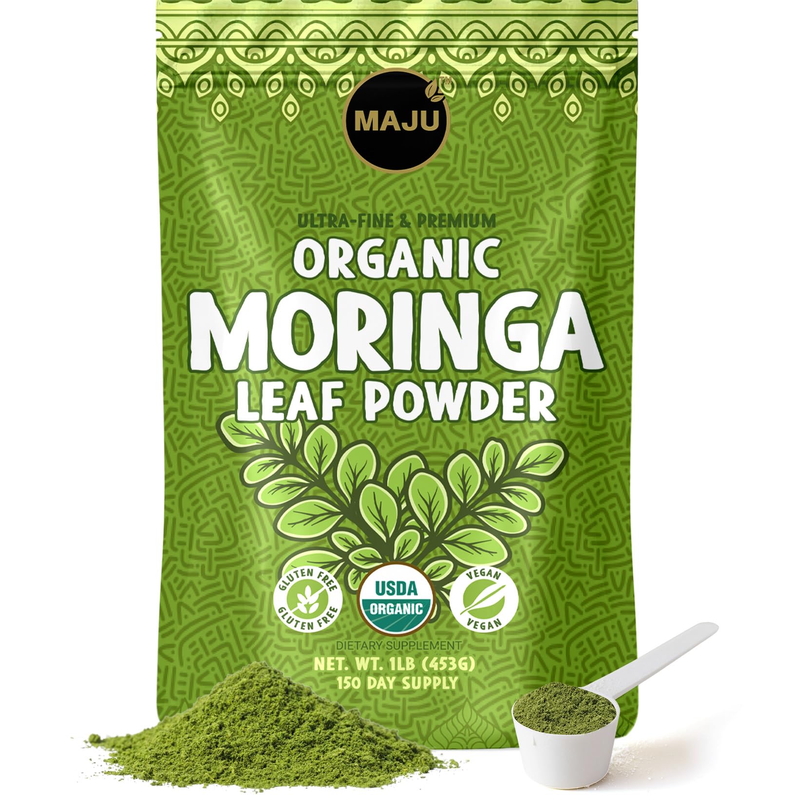Majus Organic Moringa Powder (1 Pound), Oleifera Leaf, Extra-Fine Quality, Dried Drumstick Tree Leaves, For Tea, Smoothies, Food-Grade