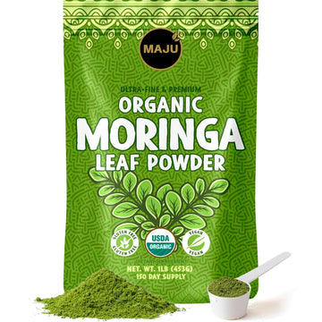 Majus Organic Moringa Powder (1 Pound), Oleifera Leaf, Extra-Fine Quality, Dried Drumstick Tree Leaves, For Tea, Smoothies, Food-Grade