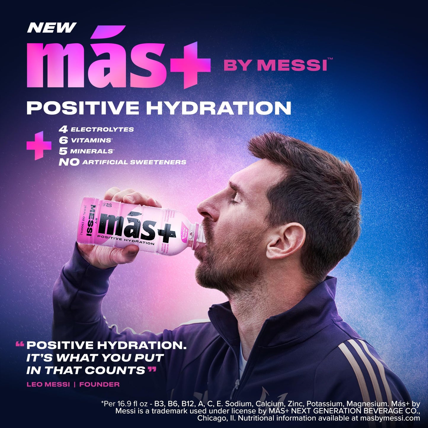 M  S+ By Messi 16.9Oz Miami Punch, Sports Drink & Hydration Beverage, Natural Flavors With Vitamins And Electrolytes, No Artific