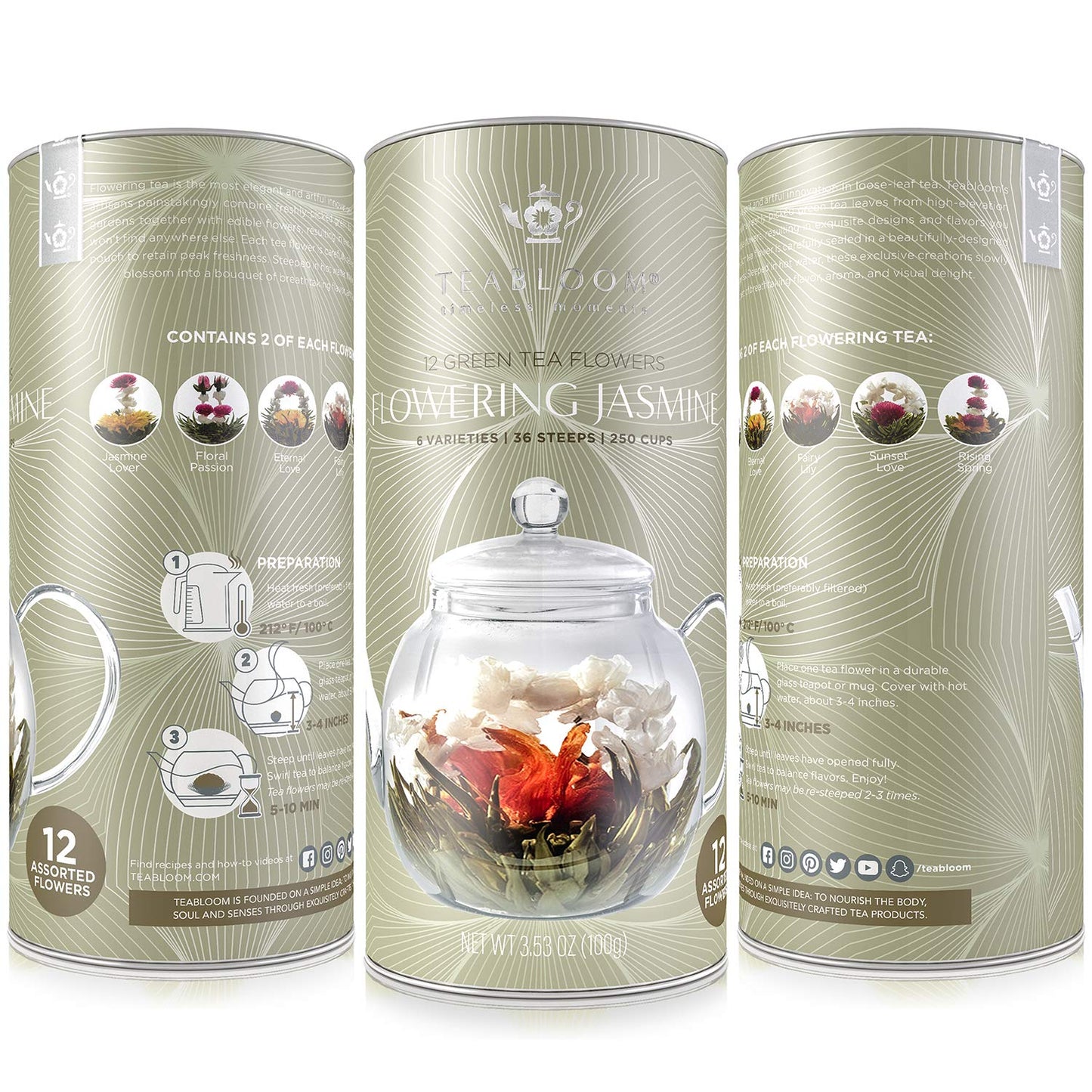 Teabloom Jasmine Flowering Tea - Hand Tied Green Tea Leaves + Jasmine Blossoms Flowering Tea Creations - Blooming Tea Gift Set -