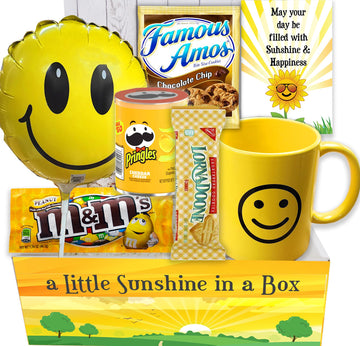 Thinking of You, Cheer Up CARE PACKAGE, Happy YELLOW Gift Basket Sending Sunshine gift package w/Balloon, Mug & Snacks | For Kid