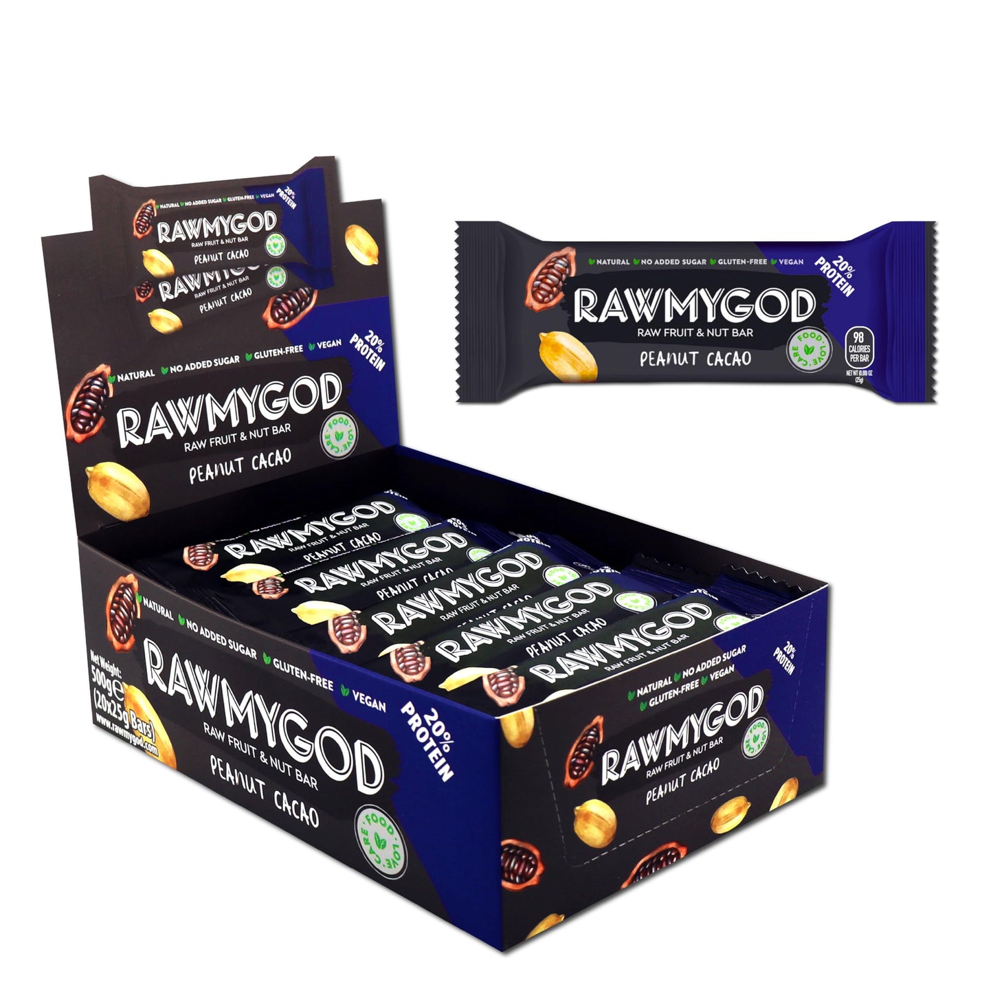Rawmygod Fruit And Nut Bars  Good Source Of Protein (5G  20% Protein Content)  Gluten Free  Vegan  No Added Sugar (20 Bars  Peanut & Cacao)
