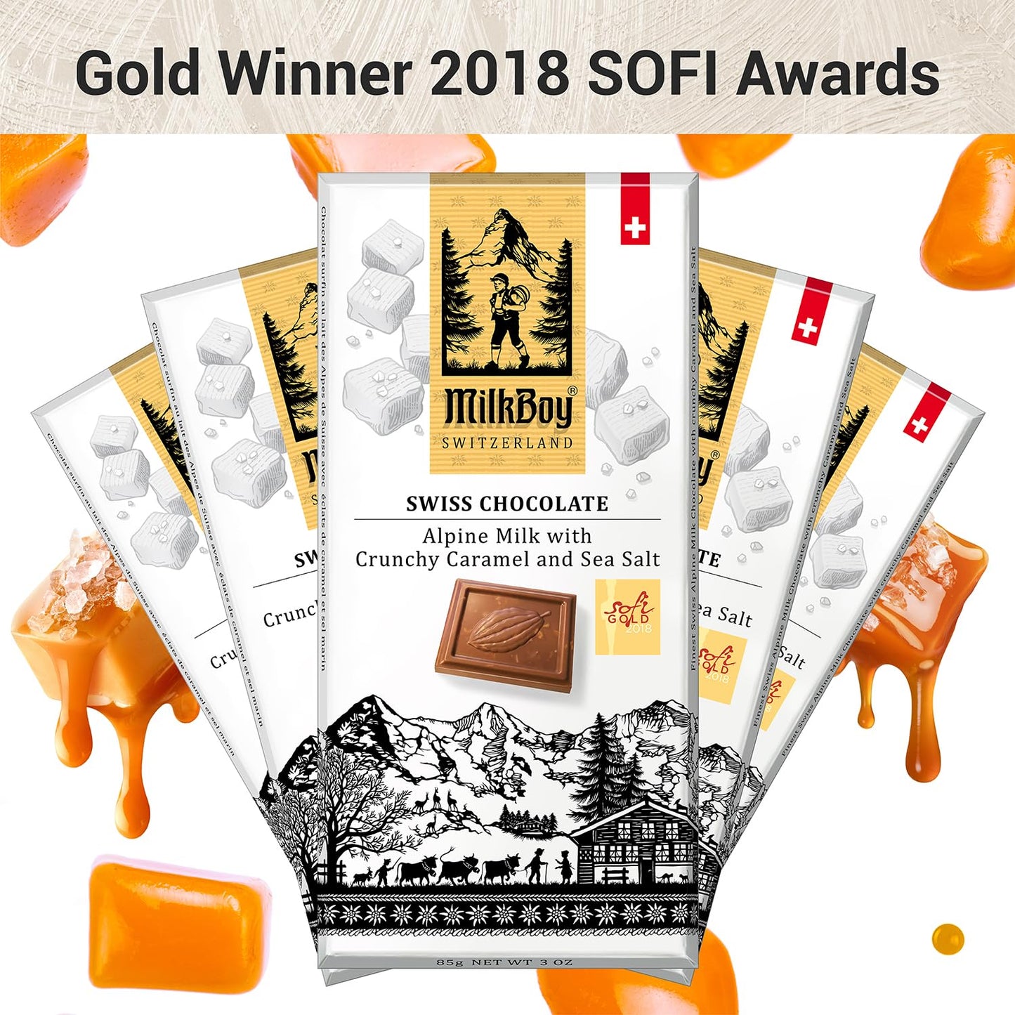 Milkboy Swiss Chocolates Milk Chocolate Bars, Gluten-Free, Non-GMO, 3 oz Pack of 10, Crunchy Caramel Sea Salt, Chocolate