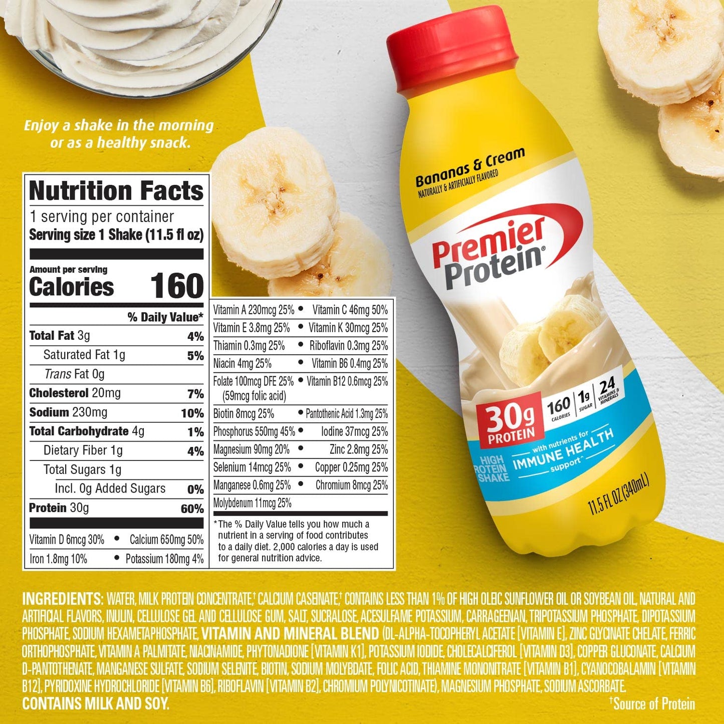 Premier Protein Shake, Bananas & Cream, 30g Protein, 1g Sugar, 24 Vitamins & Minerals, Nutrients to Support Immune Health, 12 Pa