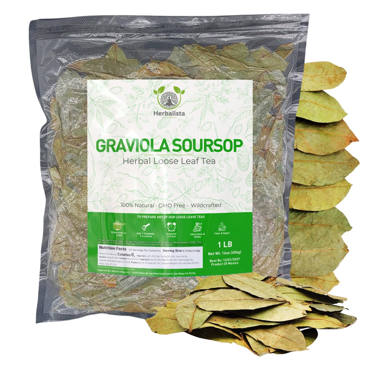 Herbalista - enhanced Whole Dried Graviola Soursop Leaf (4 oz | 350+ Leaves) | 100% Natural Hoja de Guanabana | Fresh  Wildcrafted  and Authentic | Makes 30+ Cups of Delicious Tea