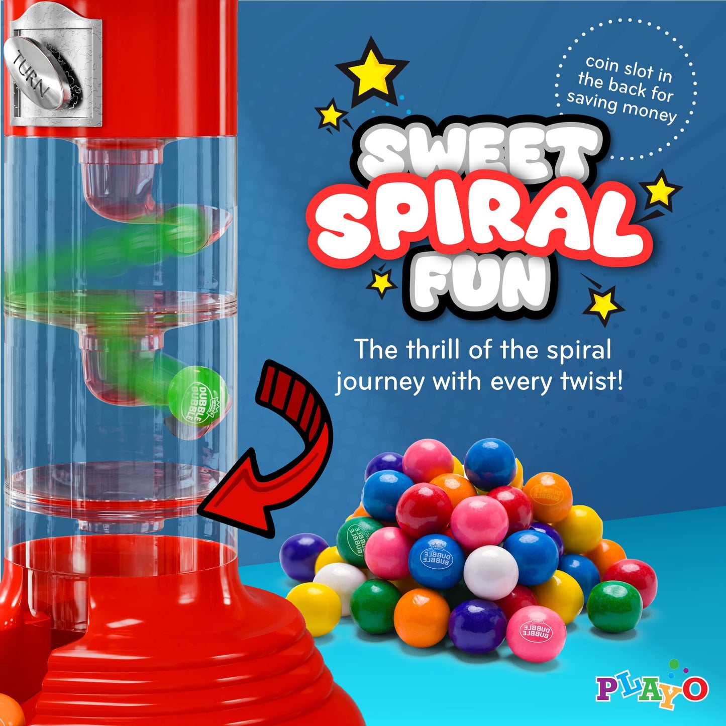 Playo 10.5'' Gumball Machine For Kids, Spiral Style Candy Dispenser For Gifts, Parties Or Events - Bubblegum Machine W/Gumb Ball