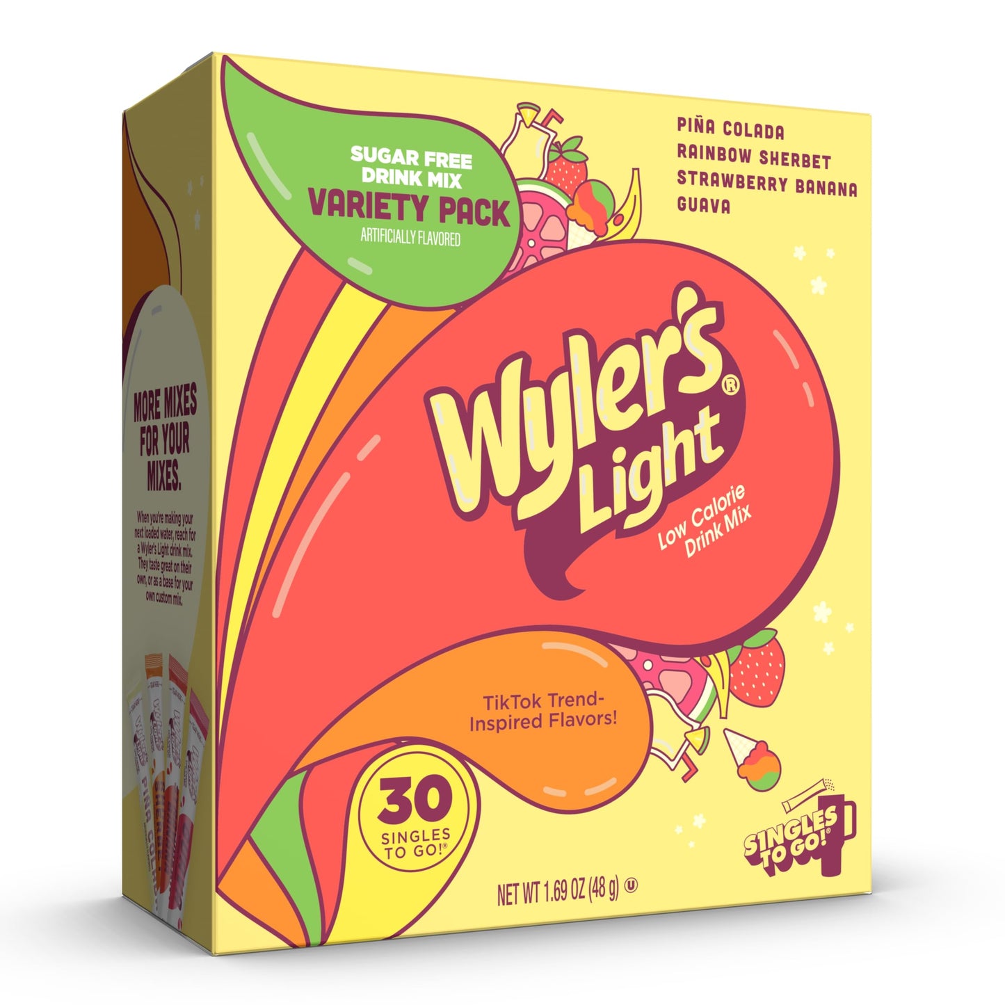 Wylers Light Island Flavors Variety Pack  Singles To Go Sugar Free Drink Mix  Low Calorie Water Enhancer  30 Sticks  Pia Colada  Rainbow Sherbet  Strawberry Banana  Guava