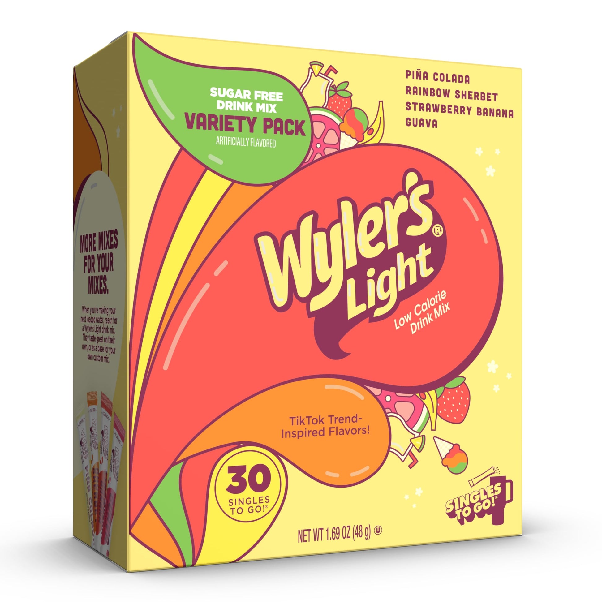 Wylers Light Island Flavors Variety Pack  Singles To Go Sugar Free Drink Mix  Low Calorie Water Enhancer  30 Sticks  Pia Colada  Rainbow Sherbet  Strawberry Banana  Guava