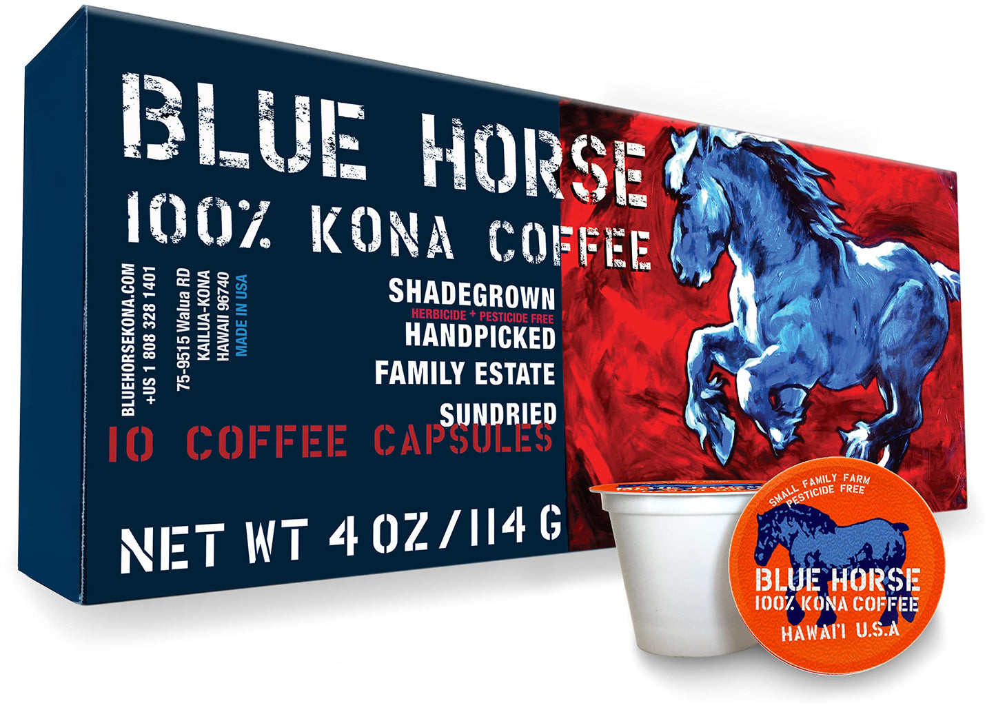 Blue Horse 100% Kona Coffee Pods, Medium Roast, 10ct Single Serve, Compatible with K Cups 2.0, Farm Fresh, Authentic Arabica Bea