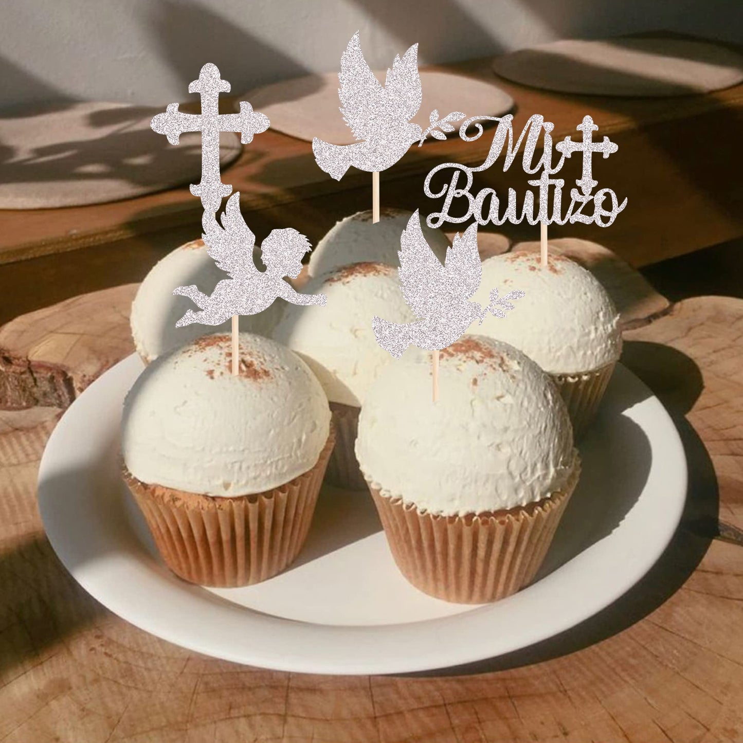 YCTHUNFISH 24 Pack Cupcake Toppers with Glitter Cross and Angel, Silver, Small, for Baptism, Baby Shower, Kids Birthday, Christmas Party