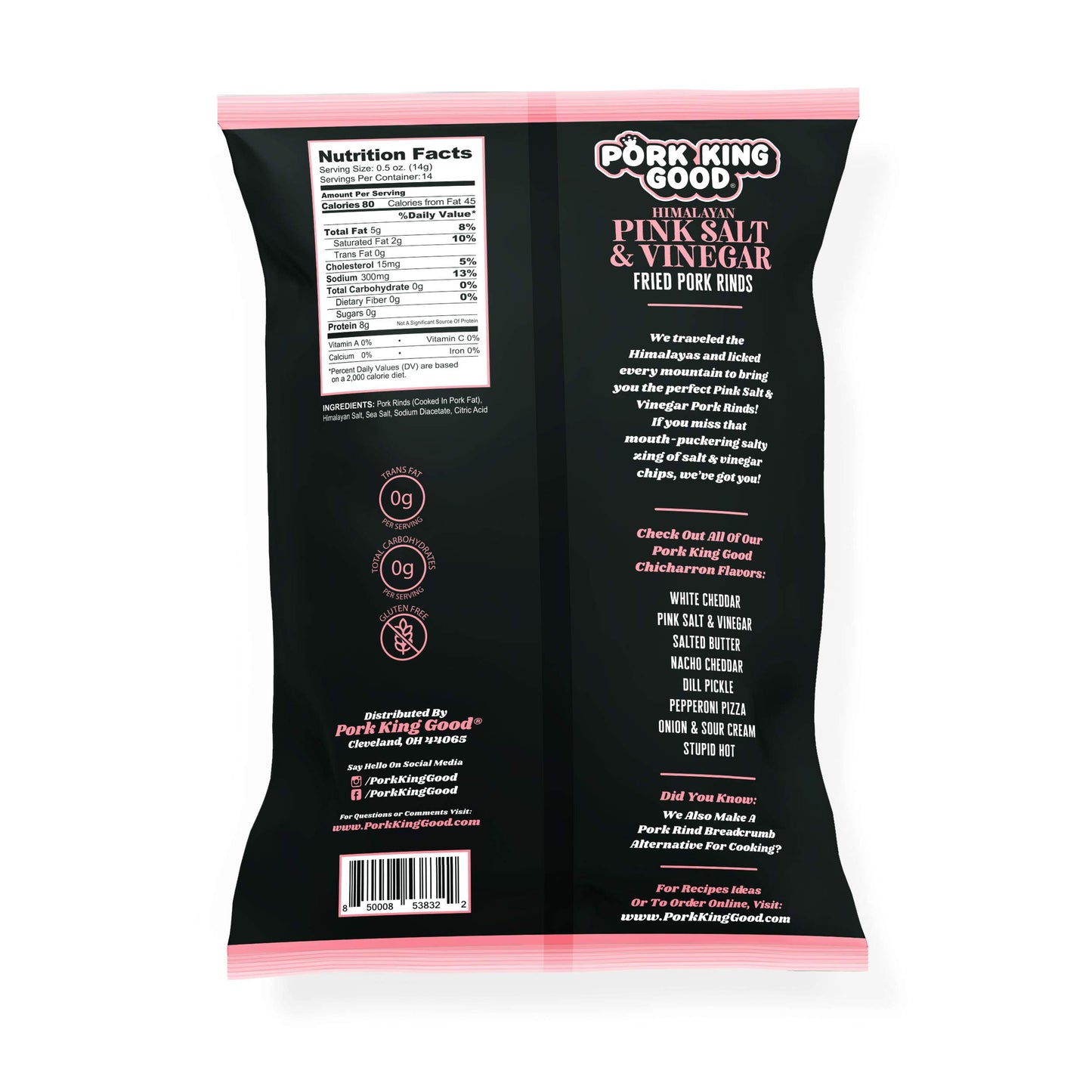 Pork King Good Pork Rinds - Himalayan Pink Salt & Vinegar, 7 OZ Family Size, Keto-Friendly Chicharrones