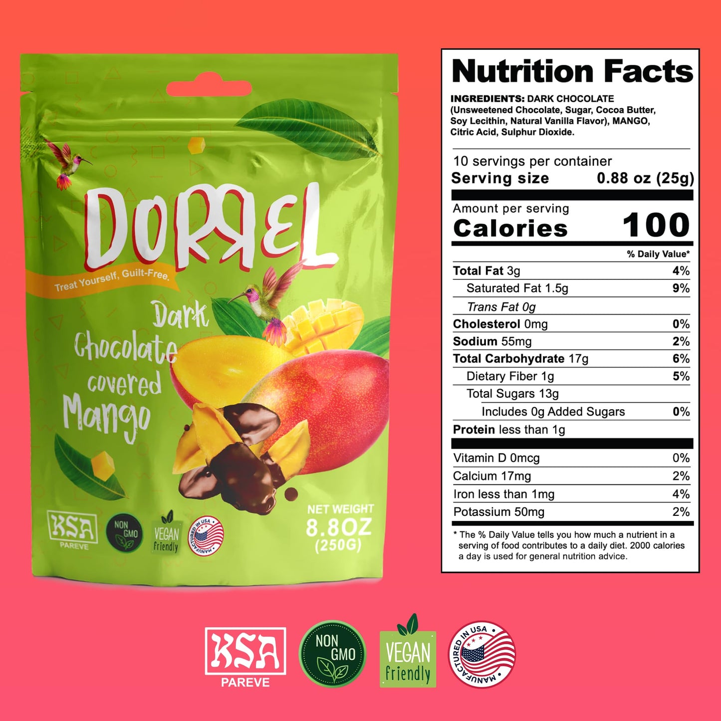 Dorrel - Belgian Dark Chocolate Covered Mango Slices, High Energy Vegan Choco Snack, Delicious, Kosher & Non-Gmo, Pack Of 1 Dark