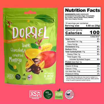 Dorrel - Belgian Dark Chocolate Covered Mango Slices, High Energy Vegan Choco Snack, Delicious, Kosher & Non-Gmo, Pack Of 1 Dark