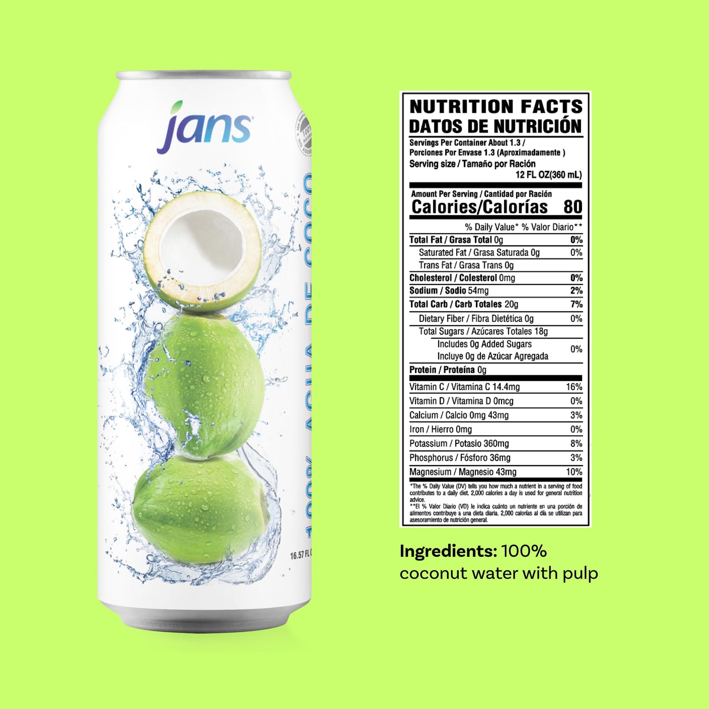 Jans 100% Pure Coconut Water with Coconut Pulp, Unsweetened, Non-GMO, 16.57 fl oz (Pack of 12) - Refreshing Taste of the Tropics
